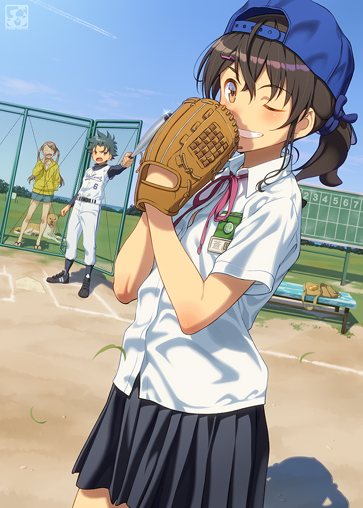 pairan, original, baseball cap, brown eyes, brown hair, grin, hair ornament, hairclip, hat, looking at viewer, multiple boys, multiple girls, one eye closed, outdoors, pleated skirt, ribbon, school uniform, shirt, skirt, smile, teeth