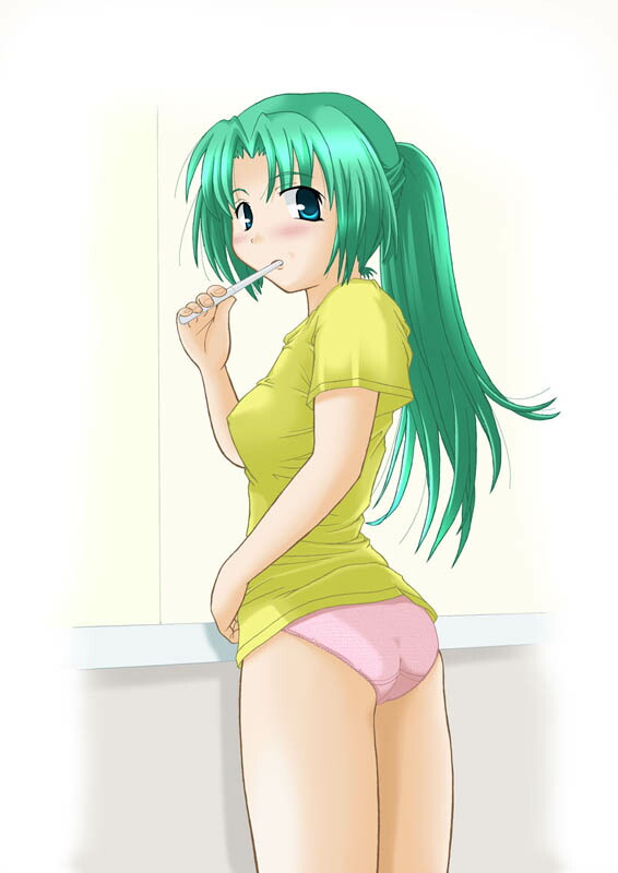 sore-hp, sonozaki mion, higurashi no naku koro ni, derivative work, photo-referenced, 00s, 1girl, ass, blouse, blue eyes, blush, brushing teeth, female focus, flat ass, green hair, hand on own stomach, holding, long hair, looking at viewer, looking back, no pants, panties, pink panties, ponytail, shirt, simple background, solo, toothbrush, underwear, yellow shirt