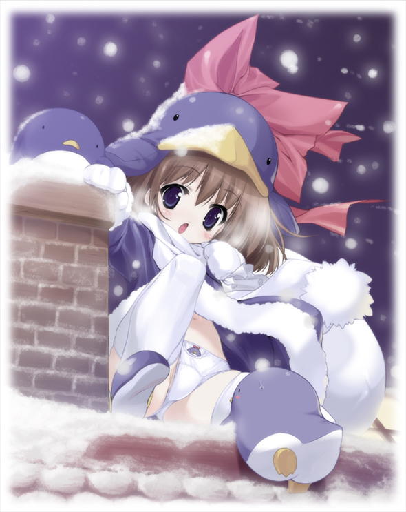 urotan, ecoco, ekokuice, 1girl, bird, blue eyes, brown hair, chimney, female focus, front-print panties, loli, mittens, navel, panties, pantyshot, penguin, print panties, ribbon, rooftop, smile, snow, snowing, solo, thighhighs, underwear, upskirt, white mittens, white panties, white thighhighs