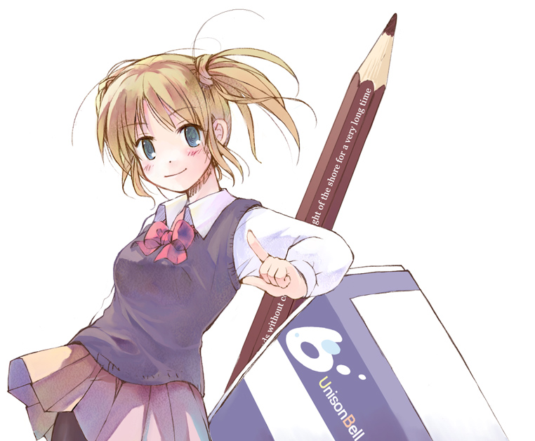 nonaka yuu, original, 1girl, black pantyhose, blonde hair, blue eyes, blush, eraser, female focus, hair ribbon, long sleeves, mini person, minigirl, oversized object, pantyhose, pencil, pleated skirt, ranguage, ribbon, school uniform, serafuku, simple background, skirt, smile, solo, sweater, sweater vest, twintails, vest, white background, wooden pencil
