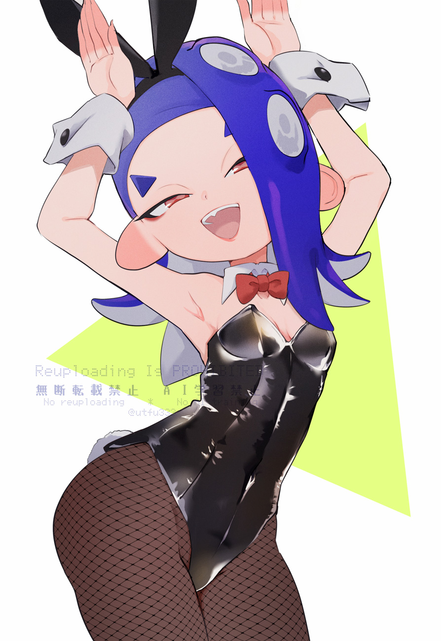 utfu333, shiver (splatoon), nintendo, splatoon (series), splatoon 3, 1girl, alternate costume, armpit crease, arms up, blue hair, bow, bowtie, breasts, cowboy shot, detached collar, eyeliner, facing viewer, fang, fishnet pantyhose, fishnets, hair over one eye, hands up, leotard, looking at viewer, makeup, octoling, open mouth, pantyhose, playboy bunny, rabbit ears, rabbit pose, rabbit tail, red eyes, small breasts, smile, solo, tentacle hair, wide hips, wrist cuffs