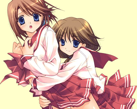 washimi yu-ko, komaki ikuno, komaki manaka, to heart (series), to heart 2, lowres, 00s, 2girls, arms around waist, blue eyes, brown hair, folded ponytail, hair between eyes, hand on own chest, hug, hug from behind, long sleeves, looking at viewer, multiple girls, pleated skirt, school uniform, serafuku, short hair, siblings, simple background, sisters, skirt, smile