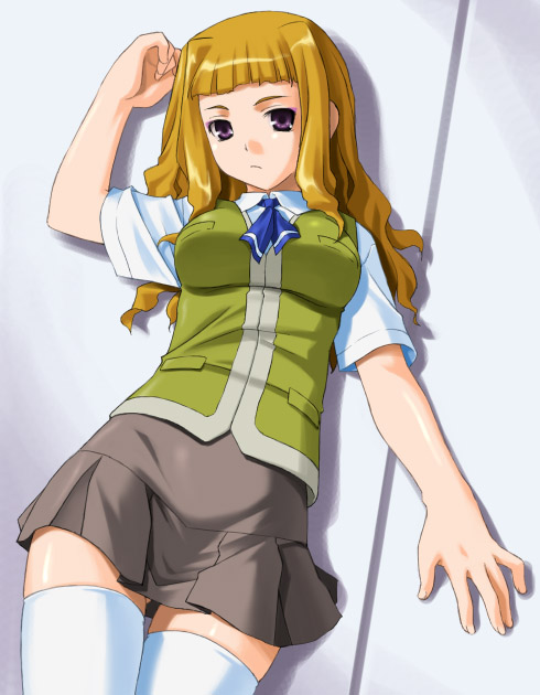 umekichi, suzushiro haruka, my-hime, 00s, 1girl, against wall, arm up, blonde hair, blue neckerchief, blunt bangs, breasts, clenched hand, closed mouth, collared shirt, cowboy shot, expressionless, eyeshadow, female focus, frown, green vest, grey skirt, hand up, indoors, legs together, long hair, looking at viewer, makeup, medium breasts, miniskirt, neckerchief, pleated skirt, pocket, purple eyes, school uniform, serafuku, shadow, shirt, short sleeves, sidelocks, skirt, solo, standing, thighhighs, vest, wavy hair, white shirt, white thighhighs, zettai ryouiki