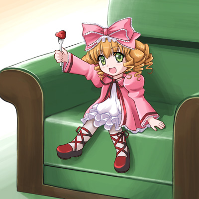 hinaichigo, rozen maiden, lowres, source request, 00s, 1girl, :d, armchair, blonde hair, bow, chair, doll, drill hair, female focus, food, fork, fruit, green eyes, hair ribbon, lolita fashion, long sleeves, name connection, object namesake, on chair, open mouth, pink bow, red shoes, ribbon, shoes, sitting, smile, solo, strawberry