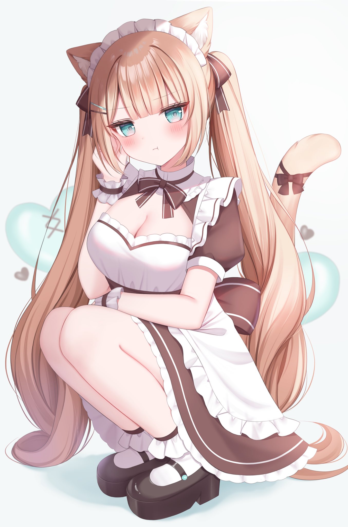komari mhy, original, highres, 1girl, animal ear fluff, animal ears, apron, blue eyes, blush, bow, breasts, brown bow, brown dress, brown hair, cat ears, cat girl, cat tail, cleavage, closed mouth, dress, frills, hair bow, hair ornament, long hair, looking at viewer, maid, maid apron, maid headdress, medium breasts, shoes, short sleeves, socks, solo, squatting, tail, tail bow, tail ornament, white apron, white socks, wrist cuffs