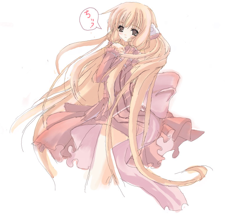 chii, chobits, source request, translated, unfinished, 00s, 1girl, blonde hair, blush, brown eyes, dress, female focus, hair ornament, hair tubes, hand on own chest, long hair, pink dress, robot ears, shadow, simple background, solo, speech bubble, thighs, very long hair, white background