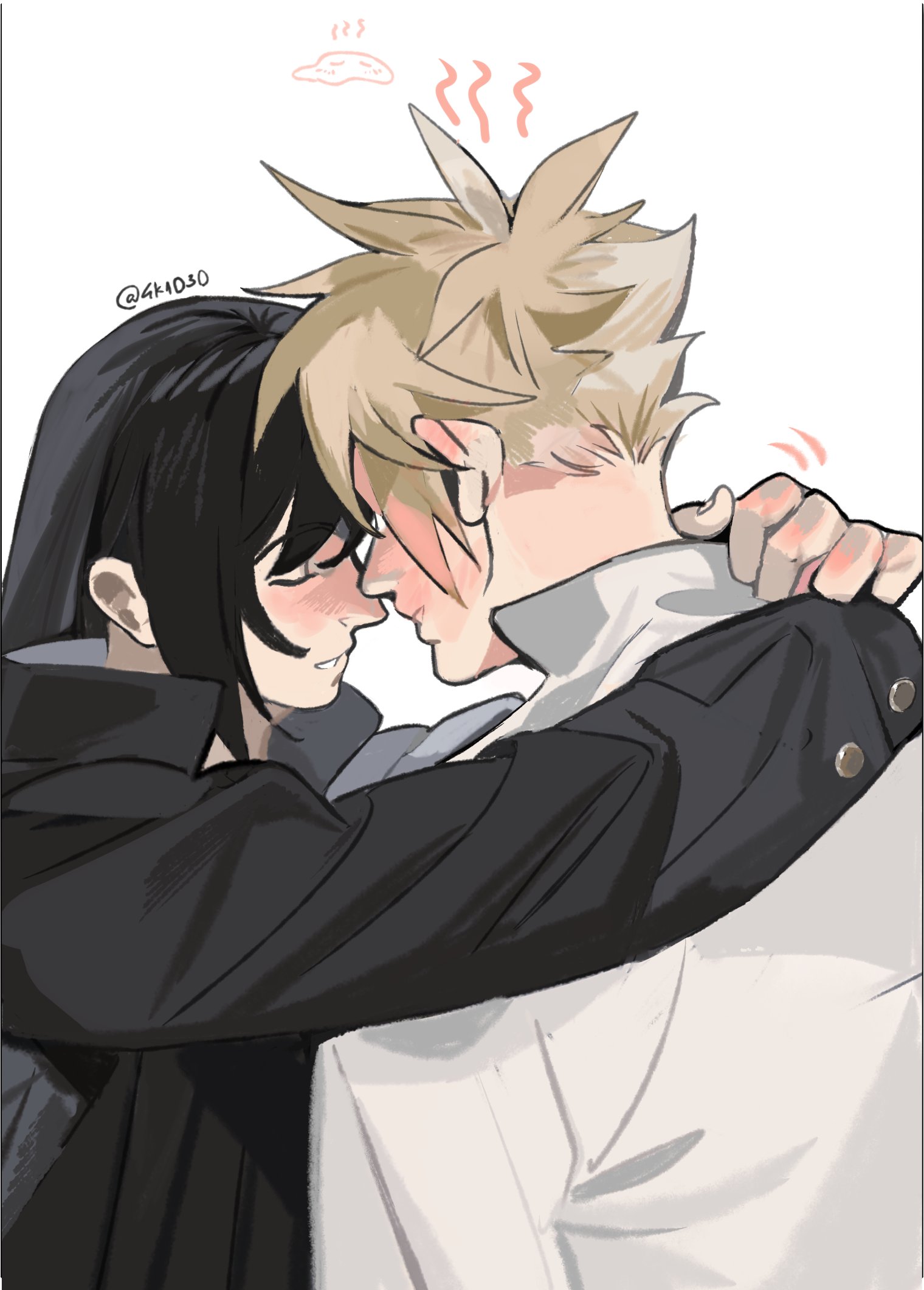 4k1030, cloud strife, tifa lockhart, tifa lockhart (midgard seventh high school), final fantasy, final fantasy vii, final fantasy vii ever crisis, highres, 1boy, 1girl, arms around neck, black hair, black jacket, blonde hair, blush, closed eyes, cloud strife (cosplay), cloud strife (midgard seventh high school), collared shirt, cosplay, couple, facing another, forehead-to-forehead, gakuran, heads together, hug, jacket, long hair, long sleeves, official alternate costume, parted lips, school uniform, shirt, short hair, simple background, spiked hair, twitter username, upper body, white background, white shirt