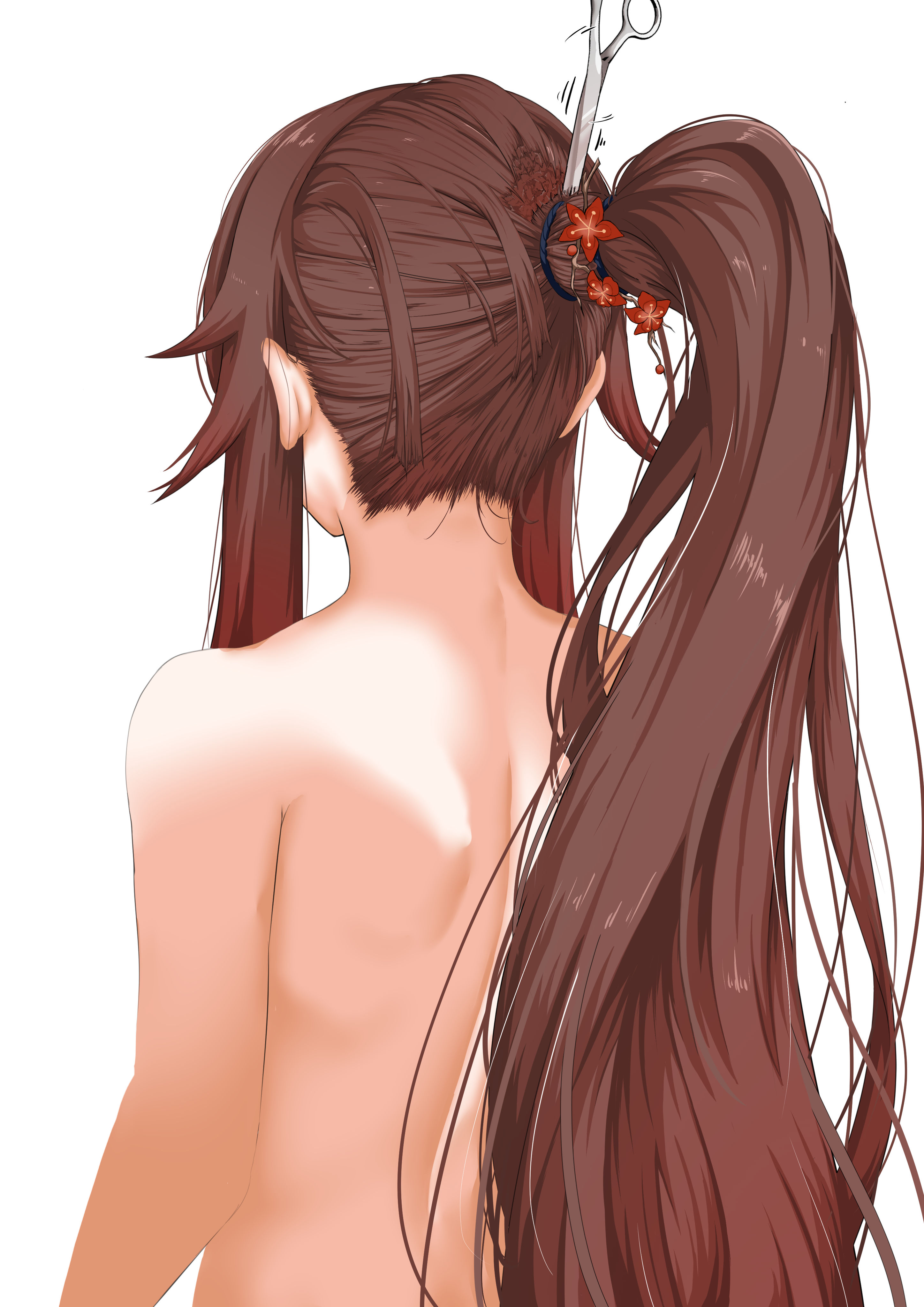 bebekp, hu tao (genshin impact), genshin impact, absurdres, highres, tagme, cutting hair, ponytail, severed hair
