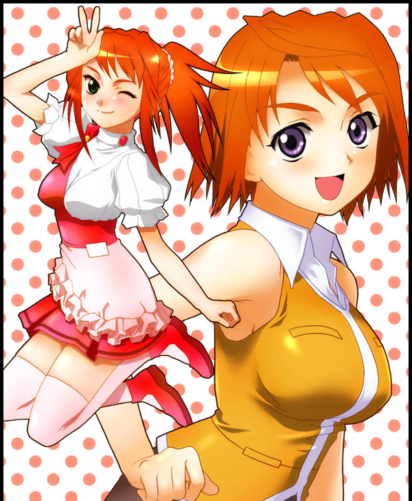 soshina nohito, sugiura midori, tokiha mai, my-hime, source request, 00s, 2girls, :d, ;), arm up, armpits, bare arms, bare shoulders, breasts, fuuka academy school uniform, green eyes, jumping, large breasts, lindem baum uniform, long hair, multiple girls, one eye closed, open mouth, orange hair, orange vest, pink thighhighs, polka dot, polka dot background, ponytail, puffy sleeves, purple eyes, red hair, school uniform, serafuku, short hair, sleeveless, smile, thighhighs, v, vest, waitress, white thighhighs, wink, zettai ryouiki