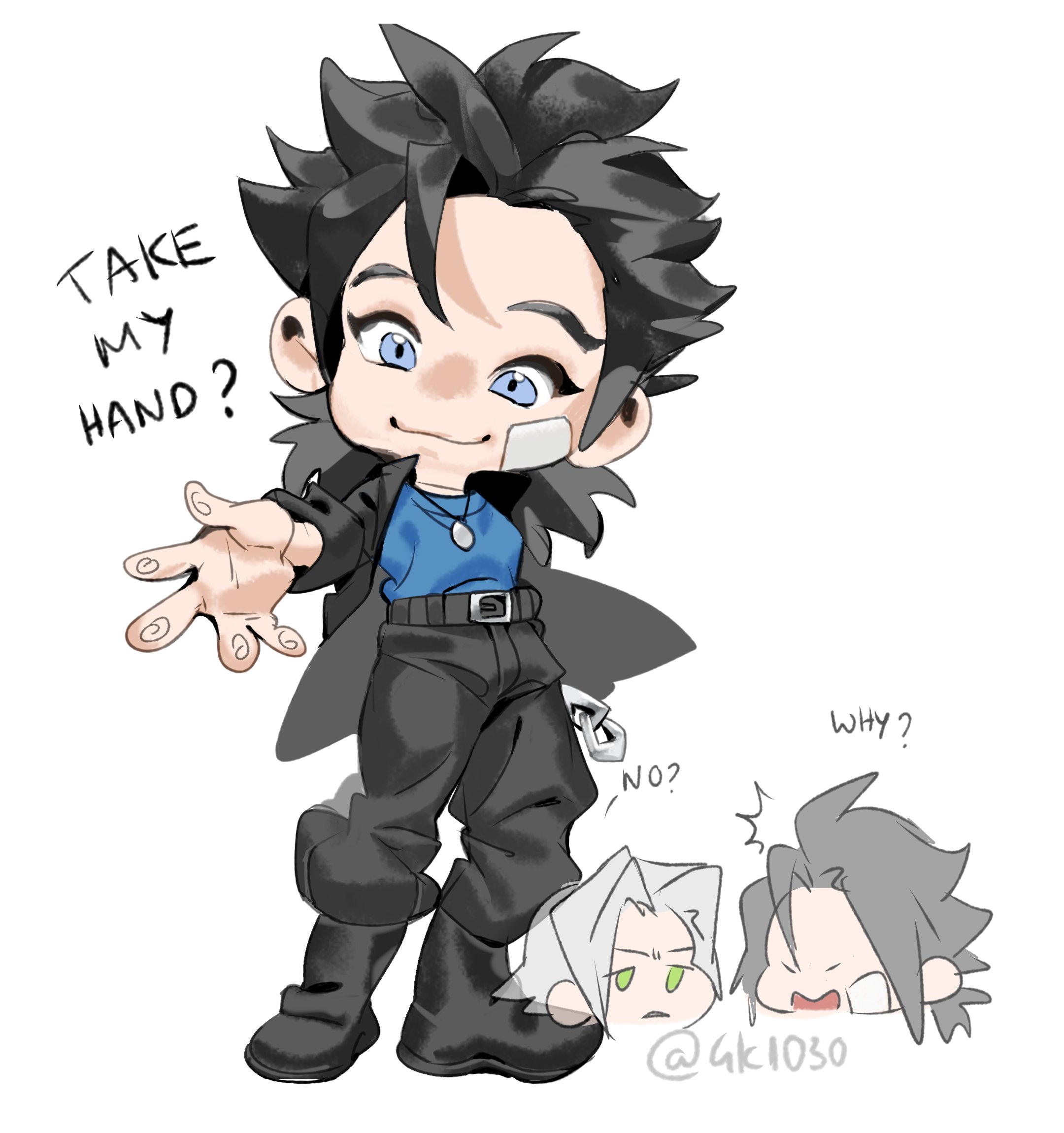 4k1030, sephiroth, sephiroth (ever crisis), zack fair, final fantasy, final fantasy vii, final fantasy vii ever crisis, highres, 2boys, bandaid, bandaid on cheek, bandaid on face, belt, belt buckle, black boots, black hair, black jacket, black pants, blue eyes, blue shirt, boots, buckle, closed mouth, delinquent, english text, full body, gakuran, green eyes, grey hair, jacket, jewelry, looking at viewer, male focus, multiple boys, necklace, open clothes, open hand, open jacket, outstretched hand, pants, school uniform, sephiroth (shinra private academy), shirt, simple background, smile, spiked hair, standing, twitter username, white background, zack fair (midgard seventh high school)