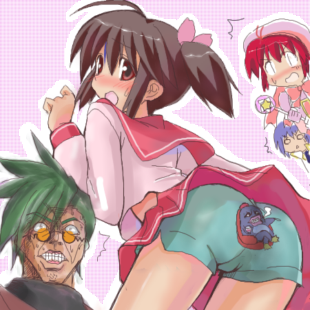 nakamura hisashi, card master peach, haga reiko, kuhonbutsu taishi, sendo kazuki, sendou kazuki, takase mizuki, yoshio (leaf), yuzuhara konomi, cardcaptor sakura, comic party, leaf (studio), to heart (series), to heart 2, trigun, bad id, bad link, lowres, 2boys, 2girls, ass, blue hair, blush, brown eyes, brown hair, company connection, cosplay, crossdressing, glasses, green hair, hair between eyes, hat, holding, looking back, multiple boys, multiple girls, o o, oekaki, pink sailor collar, red hair, sailor collar, school uniform, serafuku, short shorts, shorts, simple background, smile, source, sweatdrop, tomoeda middle school uniform, trap, twintails, wand, yuzuhara konomi (cosplay)