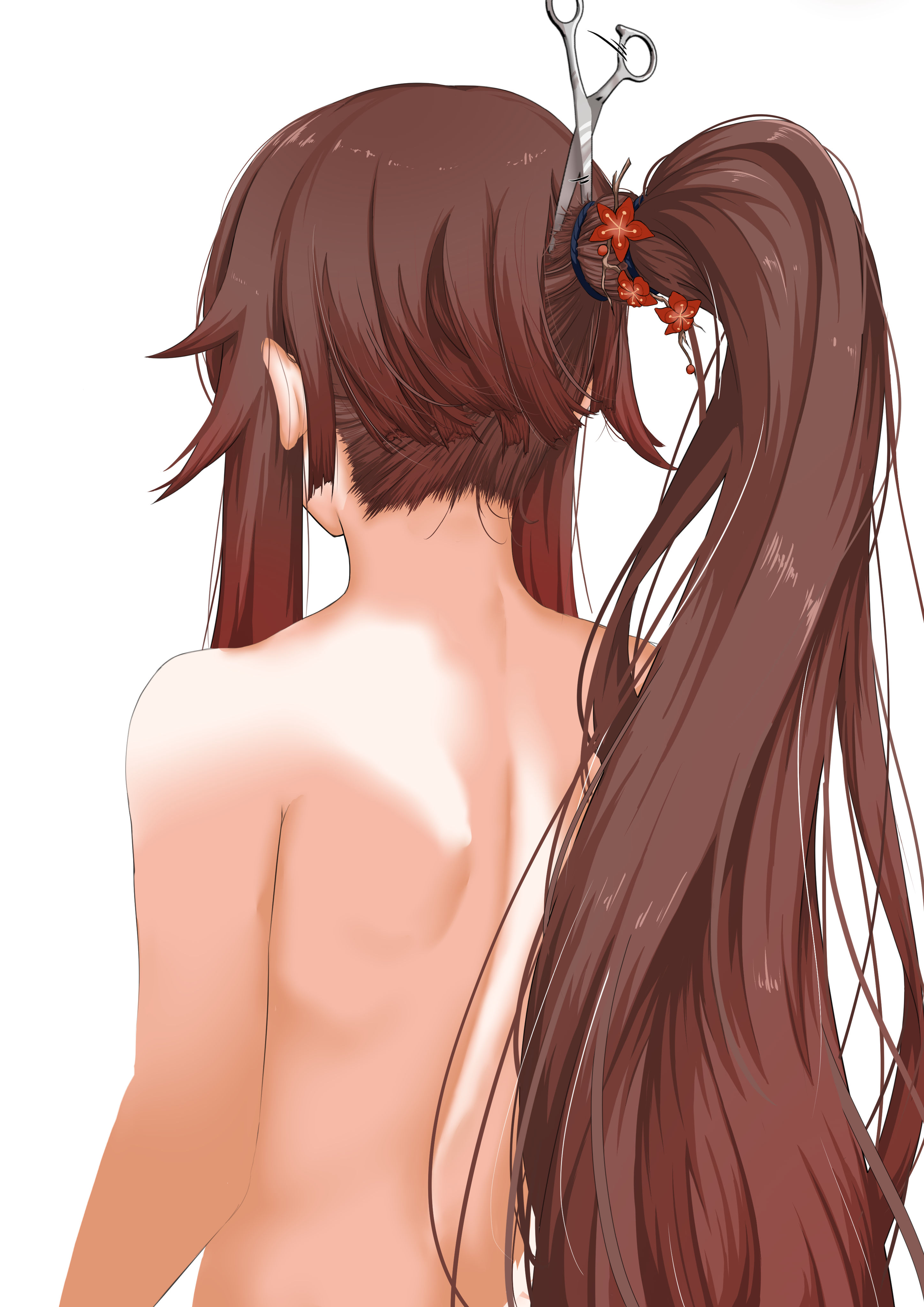 bebekp, hu tao (genshin impact), genshin impact, absurdres, highres, tagme, cutting hair, long hair, ponytail, very long hair