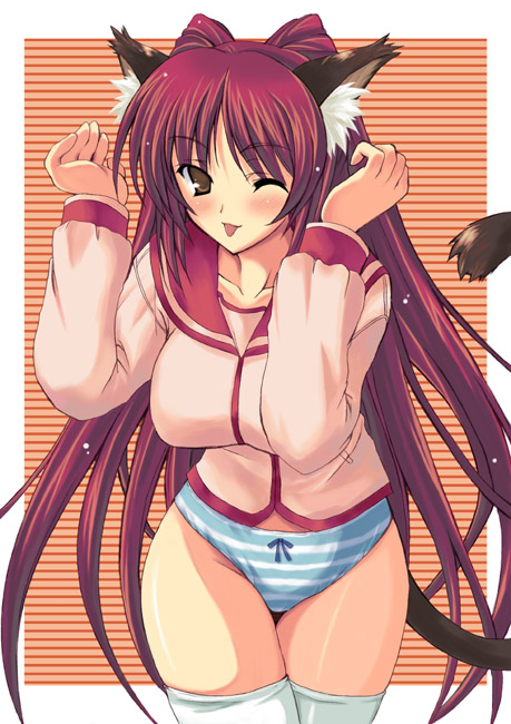 kyogoku shin, kousaka tamaki, to heart (series), to heart 2, eyebrows, 00s, 1girl, :p, ;<, ;p, animal ear fluff, animal ears, aqua panties, blue bow, blue panties, blue ribbon, blush, bow, bow panties, breasts, brown eyes, cat ears, cat girl, cat tail, collarbone, colored stripes, cowboy shot, female focus, green panties, hands up, kemonomimi mode, large breasts, long hair, long sleeves, looking at viewer, no pants, one eye closed, orange background, outside border, panties, parted bangs, pink shirt, red hair, ribbon, sailor collar, school uniform, serafuku, shirt, sidelocks, simple background, smile, solo, source, standing, striped background, striped clothes, striped panties, tail, the end/start, thigh gap, thighhighs, thighs, tongue, tongue out, two side up, underwear, very long hair, white thighhighs, wink