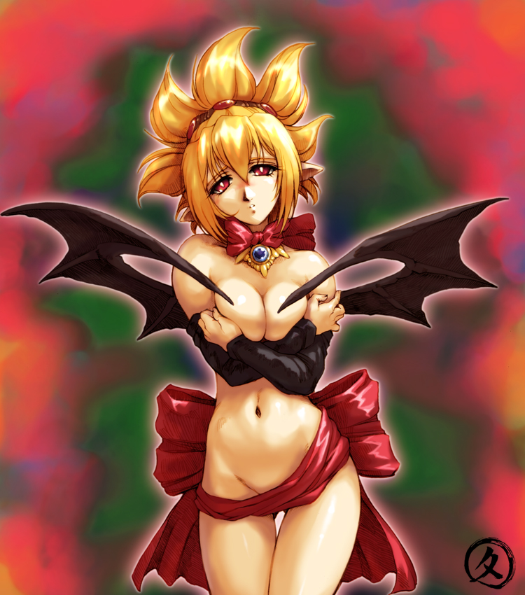 hisahiko, rozalin, disgaea, makai senki disgaea 2, nippon ichi, 1girl, bat wings, blonde hair, breasts, breasts squeezed together, bright pupils, covering privates, cowboy shot, crossed arms, demon, demon girl, female focus, large breasts, navel, nude, nude cover, pointy ears, red eyes, ribbon, solo, standing, valalpla, wings