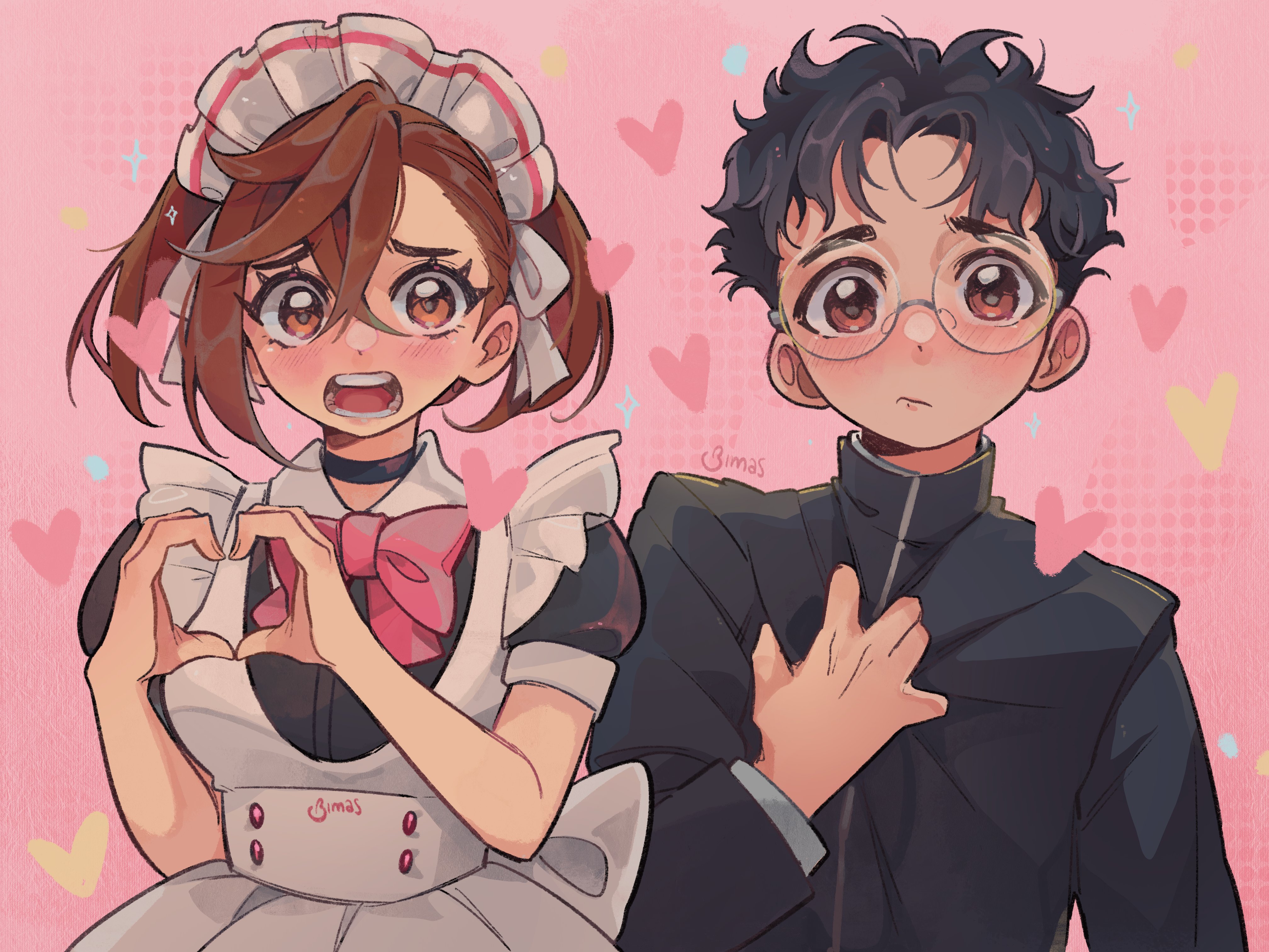 ayase momo, takakura ken (dandadan), dandadan, absurdres, commentary, english commentary, highres, 1boy, 1girl, apron, bimas, black choker, black dress, black hair, black jacket, blush, bow, bowtie, brown eyes, brown hair, choker, crossed bangs, dress, embarrassed, gakuran, glasses, hand on own chest, heart, heart hands, jacket, kami high school uniform, looking at viewer, maid, maid apron, maid headdress, moe moe kyun!, official alternate costume, open mouth, pink background, pink bow, pink bowtie, puffy short sleeves, puffy sleeves, round eyewear, school uniform, short hair, short sleeves, signature, twintails, upper body