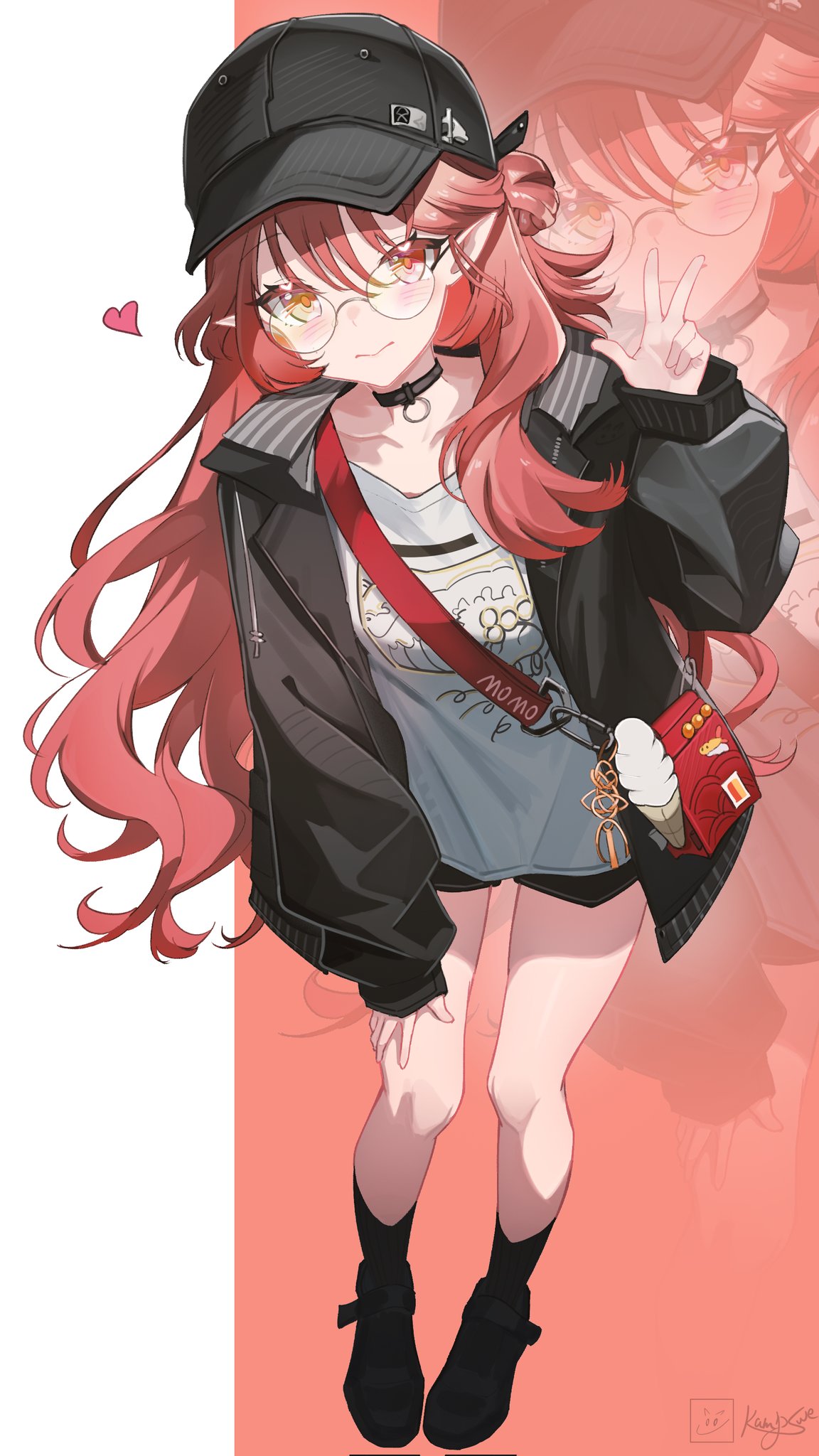 kampswe galong, haruka (arknights), arknights, highres, 1girl, bag, baseball cap, black boots, black choker, black hat, black jacket, black shorts, boots, choker, glasses, grey shirt, hat, jacket, long hair, long sleeves, looking at viewer, open clothes, open jacket, pointy ears, red bag, red hair, round eyewear, shirt, shorts, shoulder bag, signature, solo, v, yellow eyes