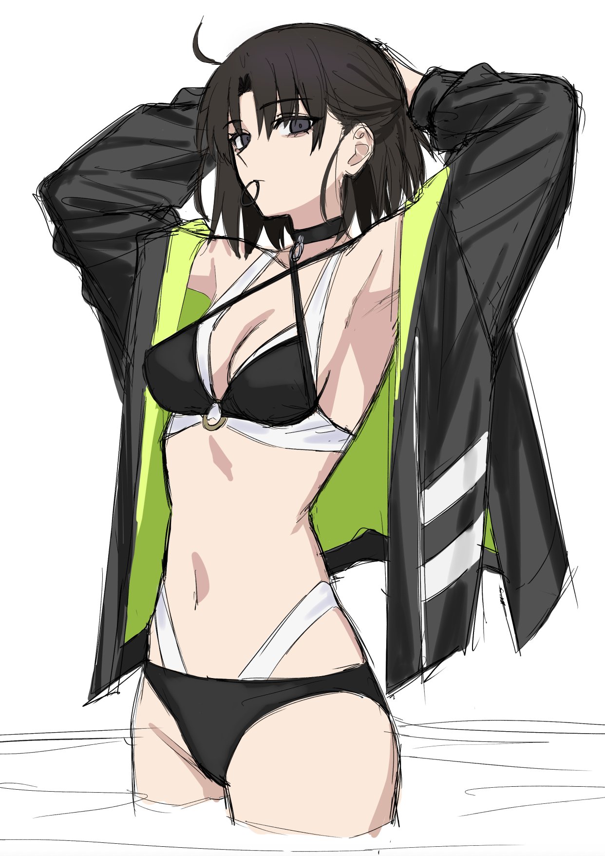 egomeshi, ryougi shiki, ryougi shiki (swimsuit mooncancer), fate/grand order, fate (series), highres, black choker, black hair, breasts, choker, jacket, looking at viewer, medium breasts, open clothes, open jacket, ryougi shiki (swimsuit mooncancer) (first ascension), short hair, simple background, swimsuit, tying hair, white background