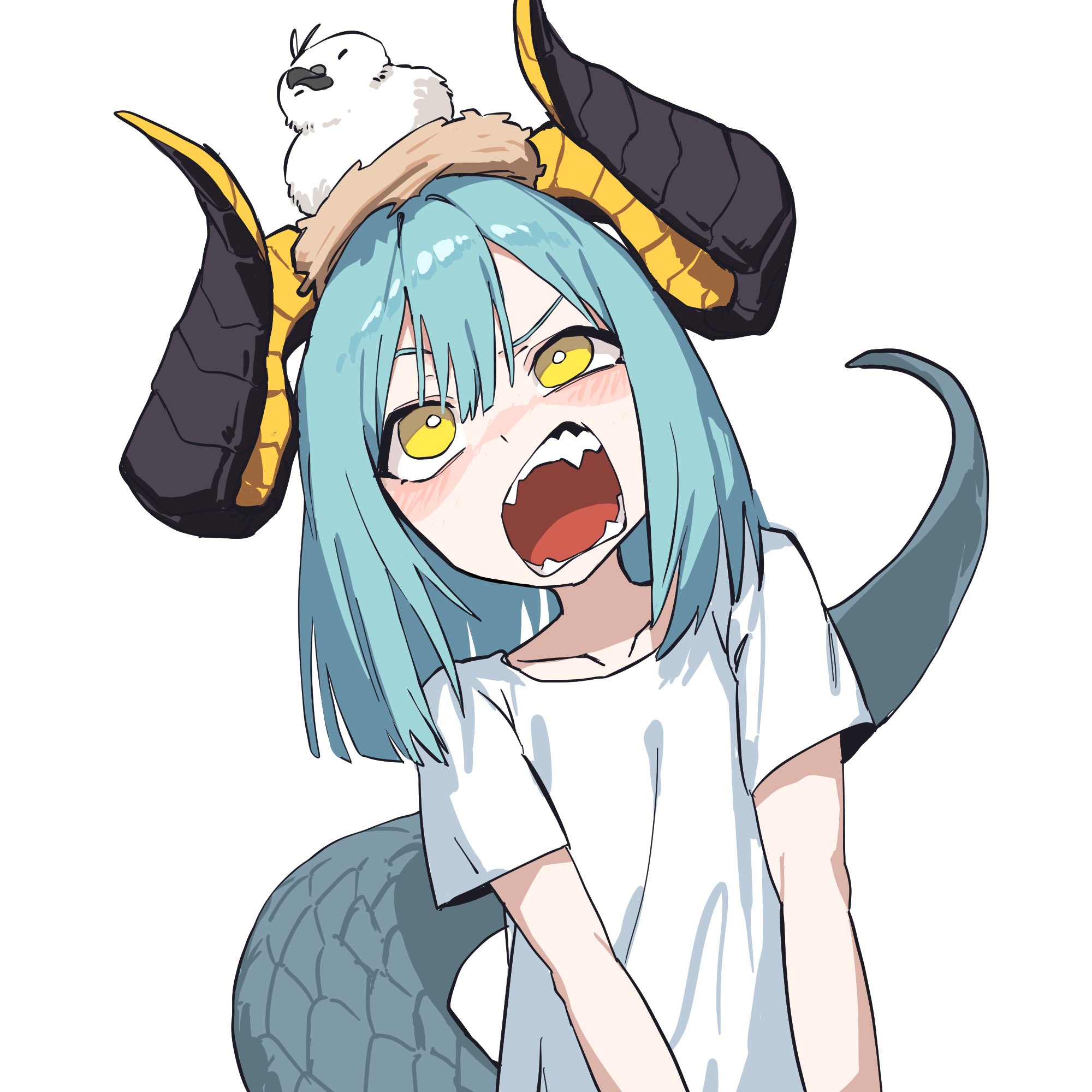 original, highres, 1girl, animal, animal on head, bird, blue hair, blush, fangs, hair between eyes, kimpas0, long hair, looking at viewer, on head, open mouth, sharp teeth, shirt, short sleeves, solo, teeth, white background, white shirt, yellow eyes