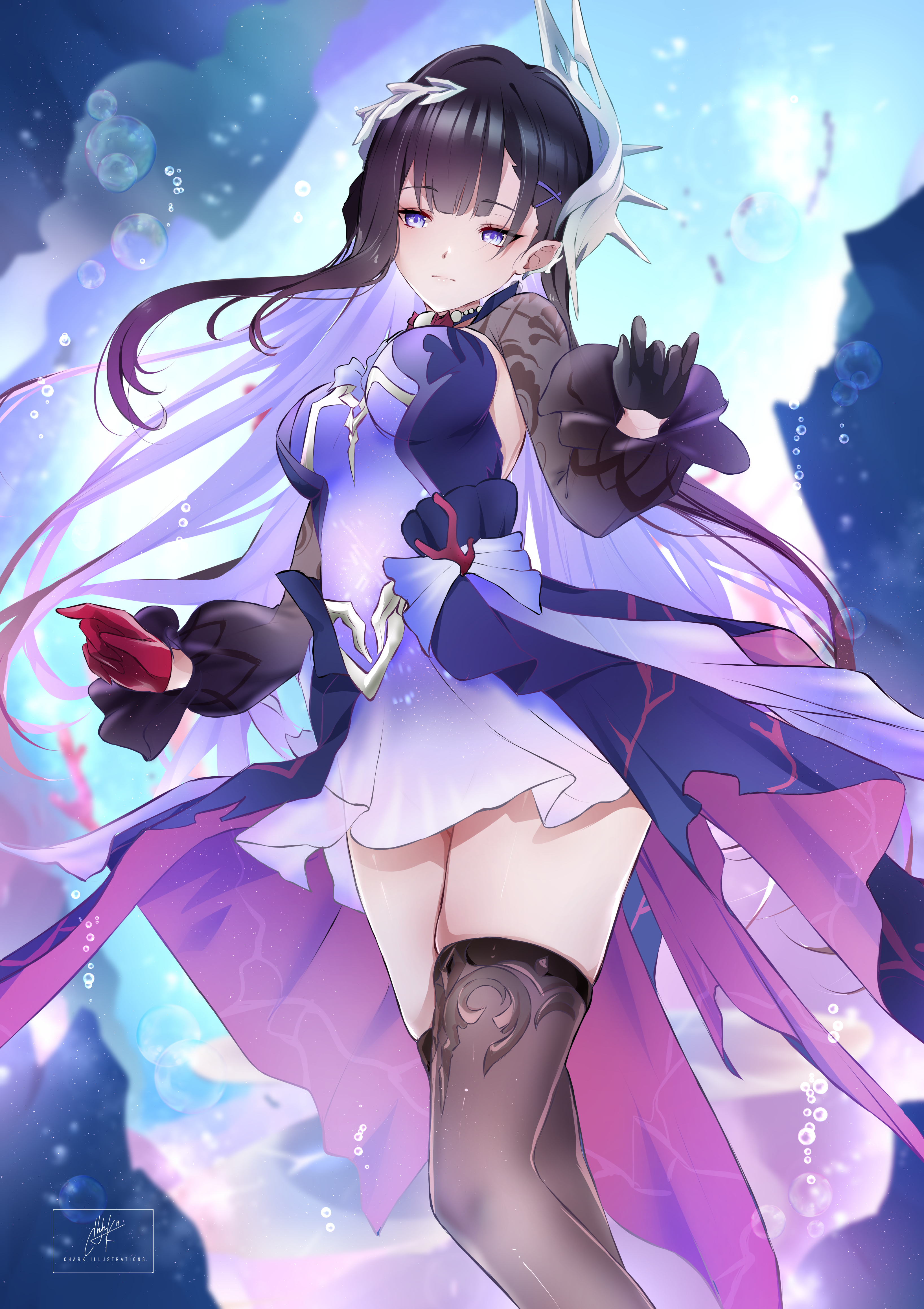 chark14, hysilens (honkai: star rail), honkai: star rail, honkai (series), absurdres, commentary, english commentary, highres, 1girl, asymmetrical gloves, black gloves, black hair, black shrug, black thighhighs, breasts, closed mouth, colored inner hair, dress, earclip, gloves, hair ornament, hand up, long hair, looking at viewer, medium breasts, mismatched gloves, multicolored hair, purple dress, purple eyes, purple hair, purple skirt, red gloves, see-through body, shrug (clothing), signature, skindentation, skirt, solo, thighhighs, thighs, underwater, very long hair