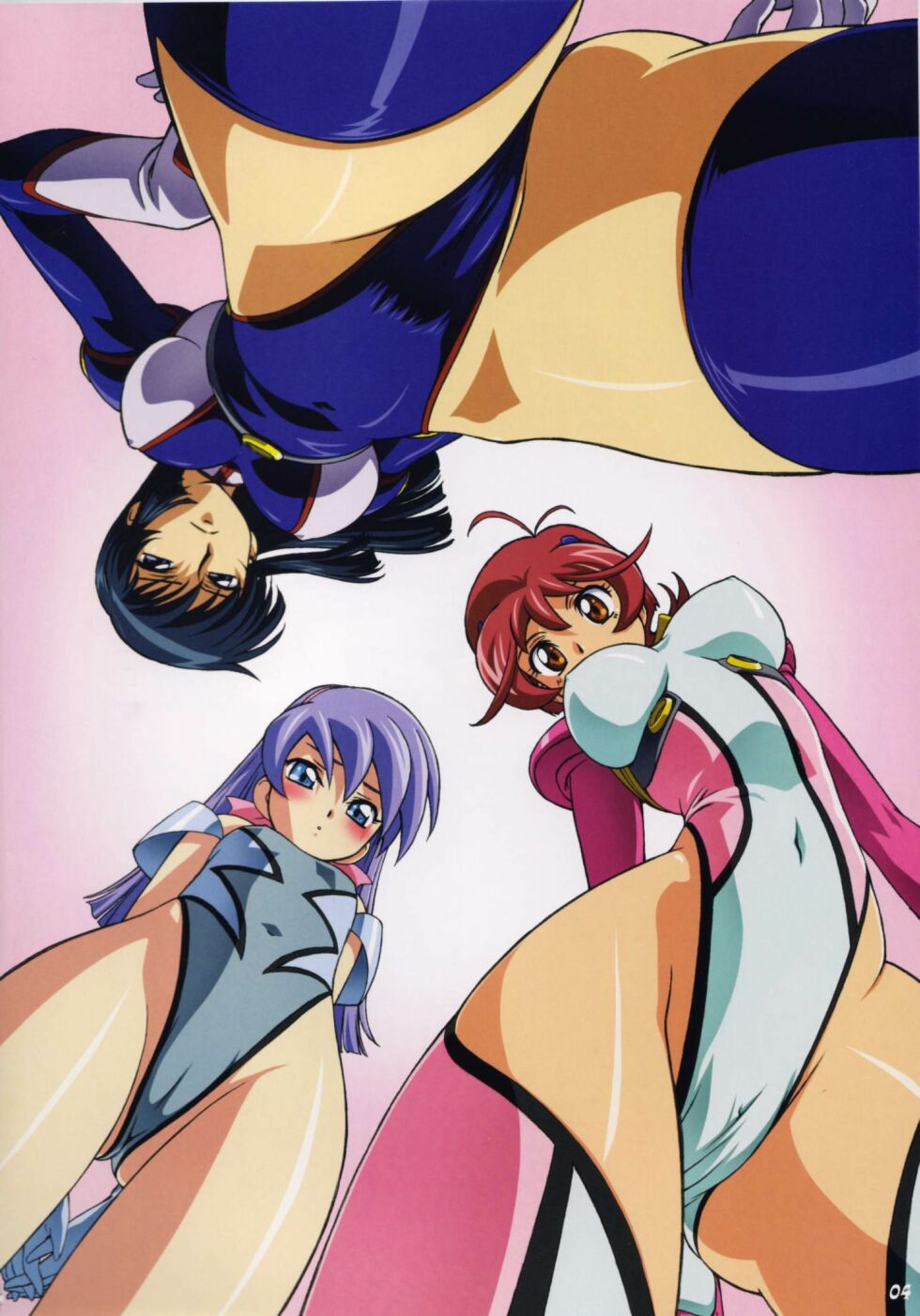 kimura takahiro, aoi anna, fujimura shizuru, lou roux, shinkon gattai godannar!!, pilot suit, highres, official art, scan, 00s, 3girls, age difference, antenna hair, arms behind back, ass, bare shoulders, between thighs, black hair, blue eyes, blue hair, blue leotard, blue thighhighs, blush, bodysuit, breasts, breasts apart, brown eyes, cameltoe, covered erect nipples, covered navel, cowboy shot, crotch, curvy, embarrassed, female focus, flat chest, flipped hair, floorview, foreshortening, from below, frown, gloves, gradient background, groin, hair ornament, hairband, hairclip, hand on own hip, highleg, highleg leotard, hip focus, huge ass, impossible clothes, impossible leotard, interlocked fingers, large breasts, legs, leotard, long hair, looking at viewer, looking down, multiple girls, narrow waist, navel, orange eyes, own hands together, page number, parted lips, partially visible vulva, perspective, pink thighhighs, purple hair, red hair, shiny clothes, shiny skin, short hair, sidelocks, skin tight, standing, thighhighs, thighs, thong leotard, view between legs, white leotard, wide hips