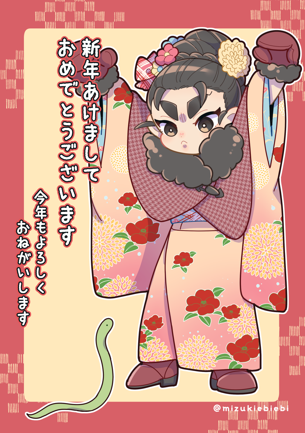 mizukiebiebi, houkago himitsu club, highres, 1girl, arms up, artist name, black eyes, black hair, brown shoes, floral print, floral print kimono, frown, fur-trimmed kimono, fur trim, hair up, japanese clothes, kimono, mittens, multicolored hair, print kimono, red background, shoes, simple background, snake, solo, thick eyebrows, two-tone hair, yellow background