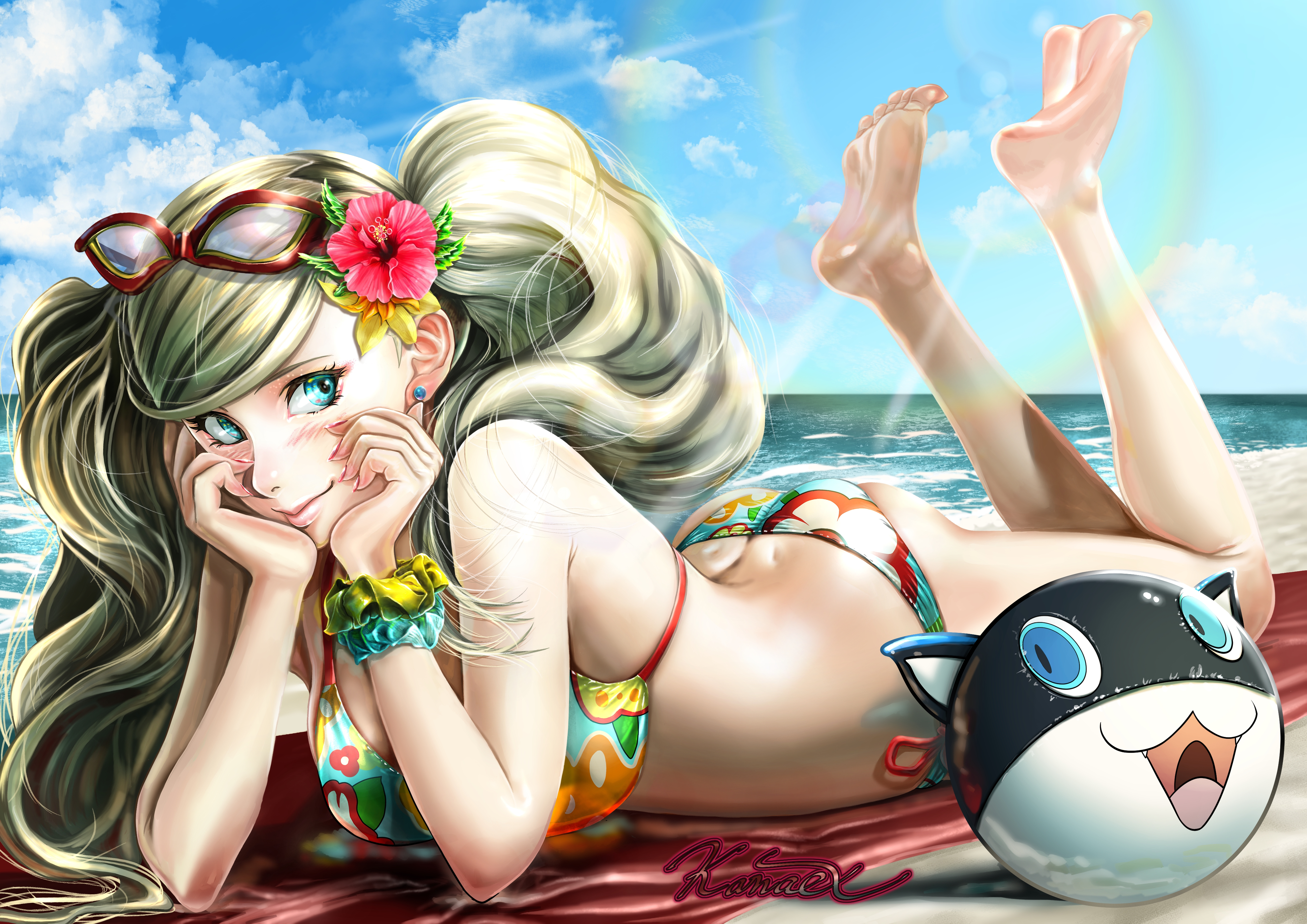 kanaex001, morgana (persona 5), takamaki anne, persona, persona 5, absurdres, commentary, english commentary, highres, mixed-language commentary, 1girl, aqua scrunchie, artist name, bare arms, bare legs, barefoot, beach, bikini, blonde hair, blue eyes, blue sky, blush, breasts, closed mouth, cloud, day, eyewear on head, feet, feet up, floral print, floral print bikini, flower, hair flower, hair ornament, halterneck, hands on own face, head rest, hibiscus, large breasts, legs, long hair, looking at viewer, lying, ocean, on stomach, outdoors, red-framed eyewear, red flower, scrunchie, side-tie bikini bottom, sky, smile, soles, solo, string bikini, summer, sunlight, swept bangs, swimsuit, the pose, toes, twintails, wrist scrunchie, yellow scrunchie