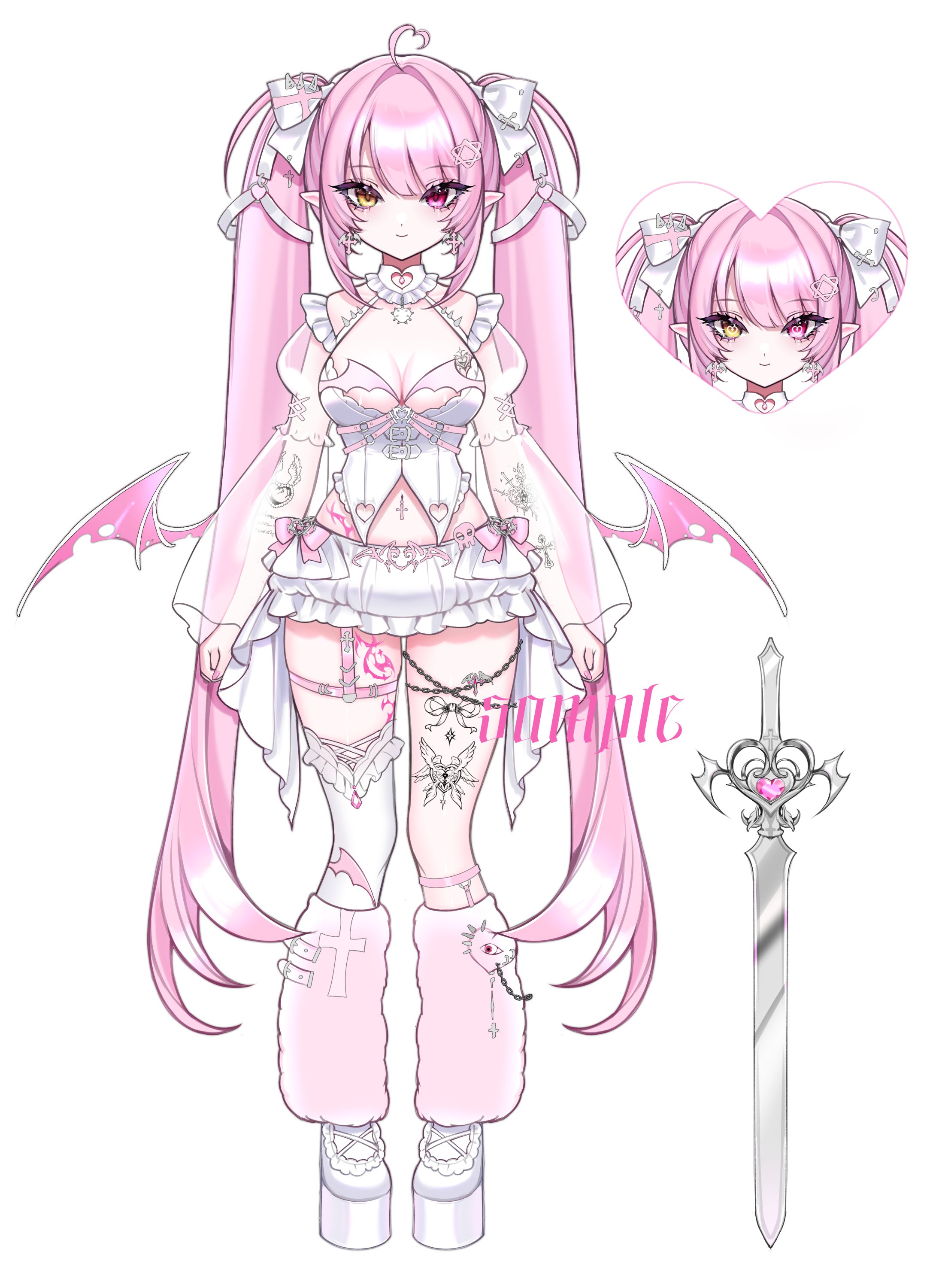saga666, original, absurdres, commentary, english commentary, highres, 1girl, ahoge, asymmetrical legwear, bow, breasts, cleavage, cleavage cutout, closed mouth, clothing cutout, dress, frilled dress, frills, full body, gem, hair bow, heart, heart ahoge, heart cutout, heterochromia, leg warmers, long hair, long sleeves, looking at viewer, low wings, medium breasts, mismatched legwear, navel, navel piercing, piercing, pink eyes, pink gemstone, pink hair, pink leg warmers, pink wings, platform shoes, pointy ears, sample watermark, see-through clothes, see-through sleeves, shoes, short dress, simple background, single thighhigh, smile, spikes, straight-on, swept bangs, sword, thighhighs, torn wings, twintails, very long hair, watermark, weapon, white background, white bow, white dress, white shoes, white thighhighs, wings, yellow eyes
