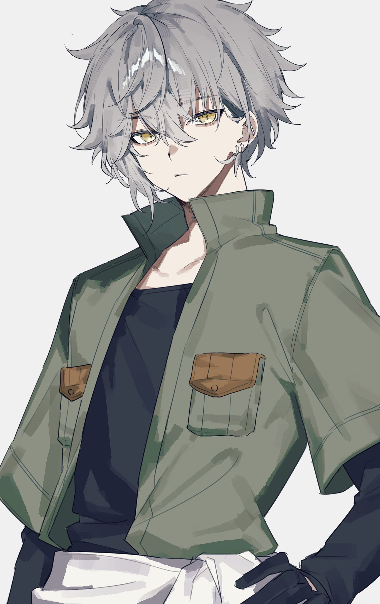 kadoc zemlupus, fate/grand order, fate (series), highres, 1boy, black shirt, ear piercing, green jacket, grey background, grey hair, ip0flv, jacket, long sleeves, looking at viewer, open clothes, open jacket, piercing, shirt, short hair, simple background, solo, upper body, yellow eyes