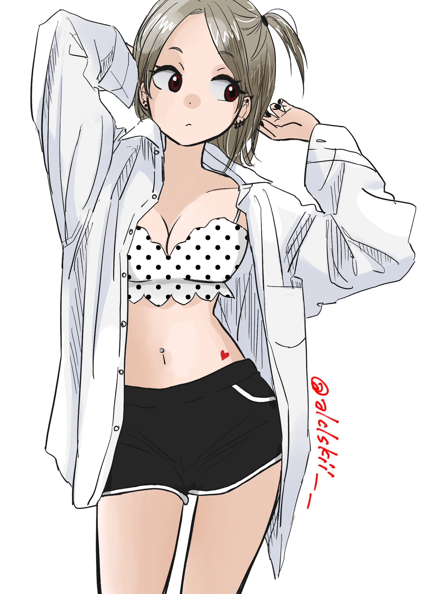 alclskii, original, highres, 1girl, black shorts, bra, breasts, cleavage, closed mouth, cowboy shot, earrings, grey hair, jewelry, long sleeves, looking at viewer, navel, open clothes, piercing, polka dot, polka dot bra, red eyes, shirt, shorts, simple background, solo, twitter username, underwear, white background, white shirt