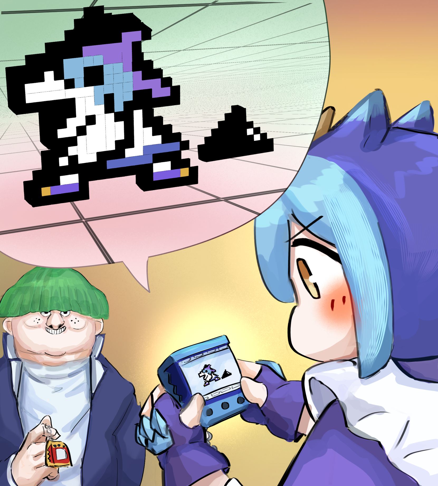 hatano kiyoshi, laundry dragonmaid, yu-gi-oh!, yu-gi-oh! (toei), character request, highres, 1boy, 1girl, blue hair, blush stickers, dragon girl, duel monster, green hair, holding, holding toy, maid, toy, virtual pet (toy)
