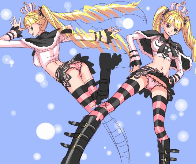 mosha, perona, one piece, 1girl, alternate color, alternate legwear, blonde hair, boots, clothes lift, crown, drill hair, hands on own hips, jumping, long hair, midriff, navel, panties, pantyshot, pink crown, pink panties, shirt, skirt, skirt lift, smile, striped clothes, striped thighhighs, thighhighs, tight clothes, tight shirt, twintails, underwear, upskirt, zettai ryouiki