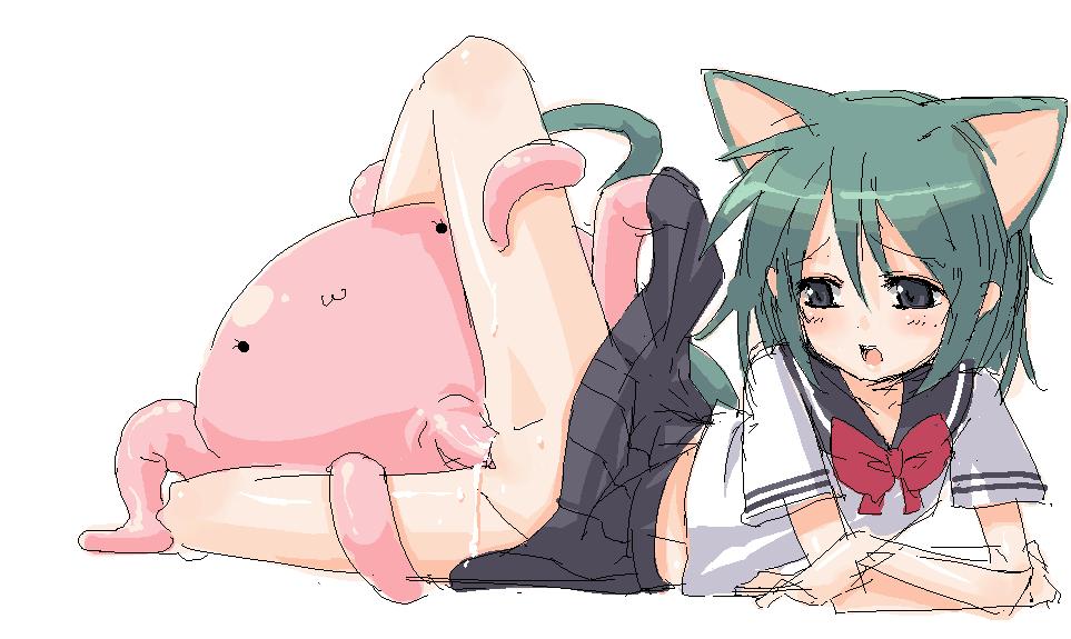 clothes, 1girl, :3, animal ears, blush, cat ears, grey eyes, loli, monster, open mouth, uncensored, vaginal