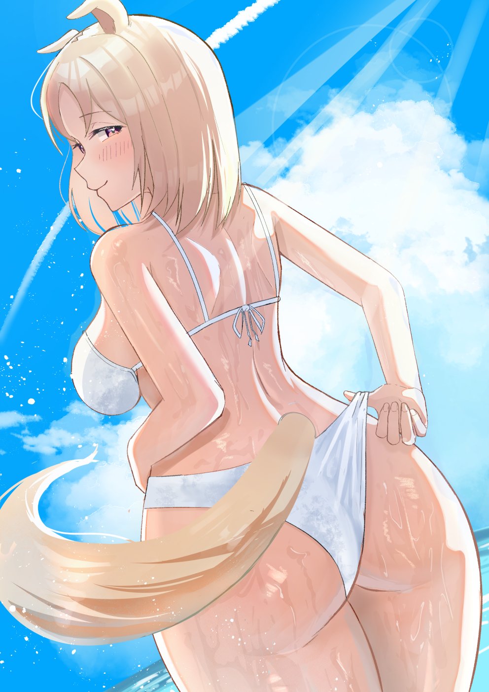 kurebayashi1358, mozupacho, original, 1girl, animal ears, ass, beach, bikini, bikini bottom pull, blonde hair, blush, breasts, contrail, from behind, hand on own hip, huge ass, large breasts, looking back, medium hair, outdoors, pink eyes, sky, smile, solo, standing, swimsuit, tail, wet, white bikini, wide hips