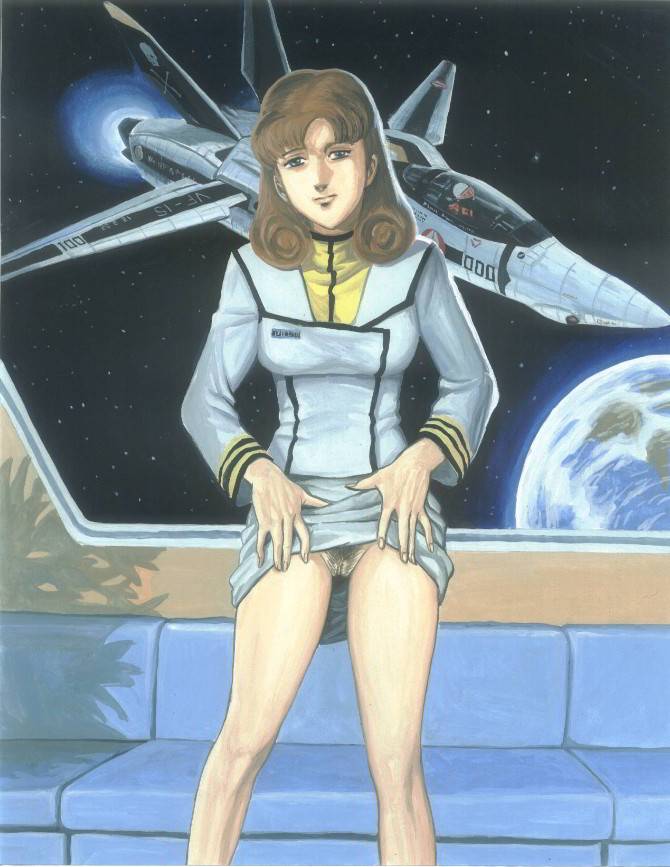 hayase misa, choujikuu yousai macross, macross, macross: do you remember love?, 1980s (style), traditional media, 1girl, bare legs, breasts, brown hair, clothes lift, female focus, female pubic hair, indoors, no panties, oldschool, pubic hair, pussy, retro artstyle, skirt, skirt lift, solo, space, uncensored