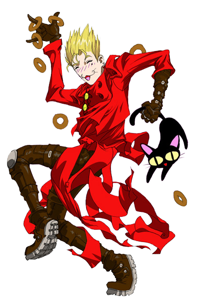 kuroneko (trigun), vash the stampede, trigun, :3, black cat, blonde hair, blush, boots, cat, closed eyes, coat, donut, food, gloves, high collar, holding, long coat, mole, open mouth, red coat, short hair, spiked hair, whiskers