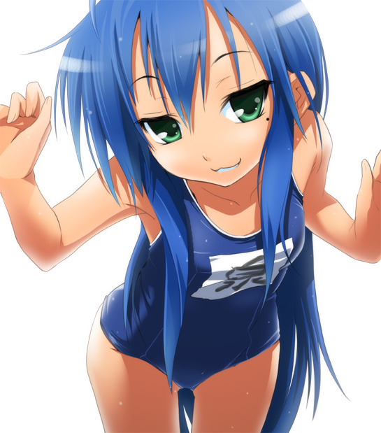 nilitsu, izumi konata, lucky star, 00s, 1girl, :3, armpits, blue hair, collarbone, female focus, flat chest, green eyes, long hair, mole, mole under eye, name tag, naughty face, one-piece swimsuit, school swimsuit, simple background, smile, solo, swimsuit, thigh gap, very long hair, wet, white background