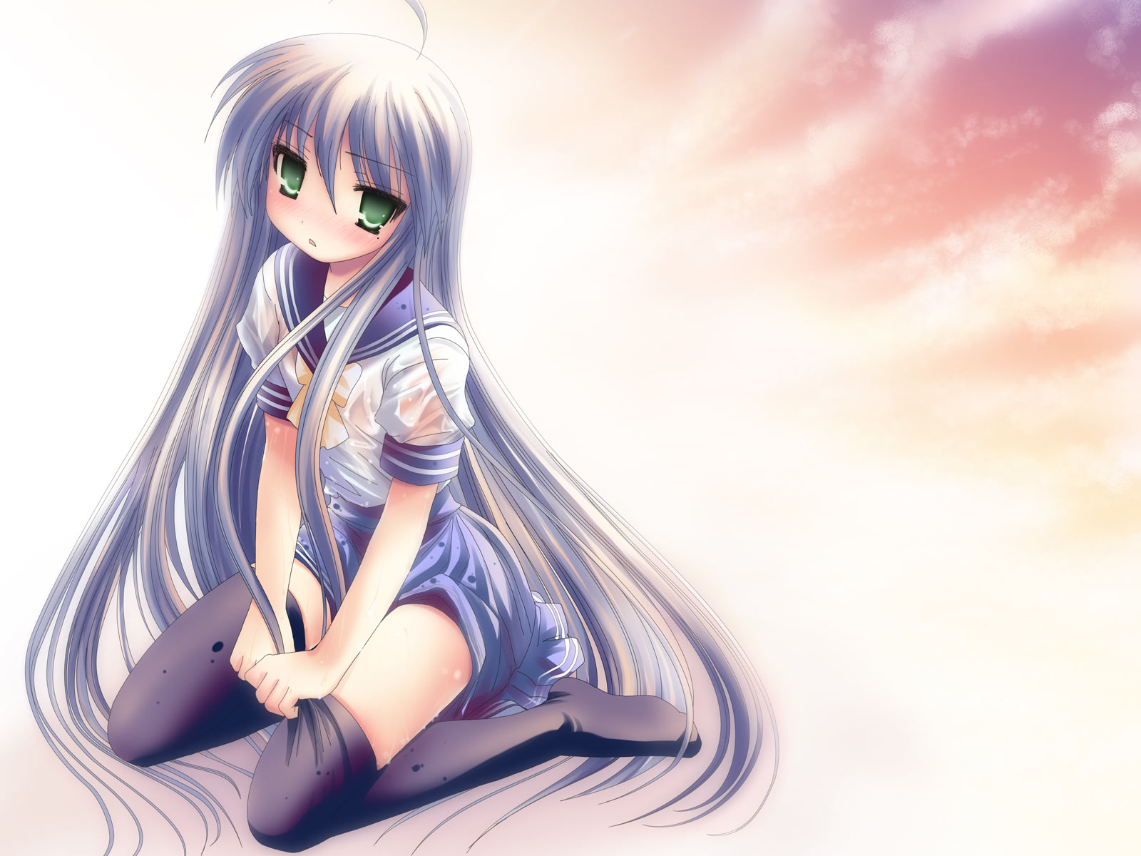 namamo nanase, izumi konata, lucky star, highres, 00s, 1girl, blue hair, crossover, female focus, green eyes, long hair, mole, mole under eye, school uniform, see-through clothes, serafuku, solo, thighhighs, wet, zettai ryouiki