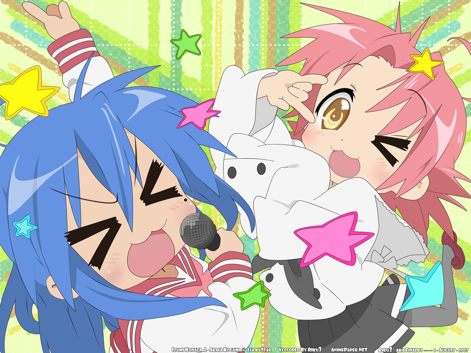 izumi konata, kogami akira, lucky star, grey legwear, derivative work, highres, vector trace, > <, 00s, 2girls, :3, black skirt, blue hair, dot nose, green background, holding, holding microphone, loafers, microphone, miniskirt, mole, mole under eye, multiple girls, one eye closed, oversized clothes, pink hair, school uniform, serafuku, shoes, skirt, star (symbol), wink, yellow eyes