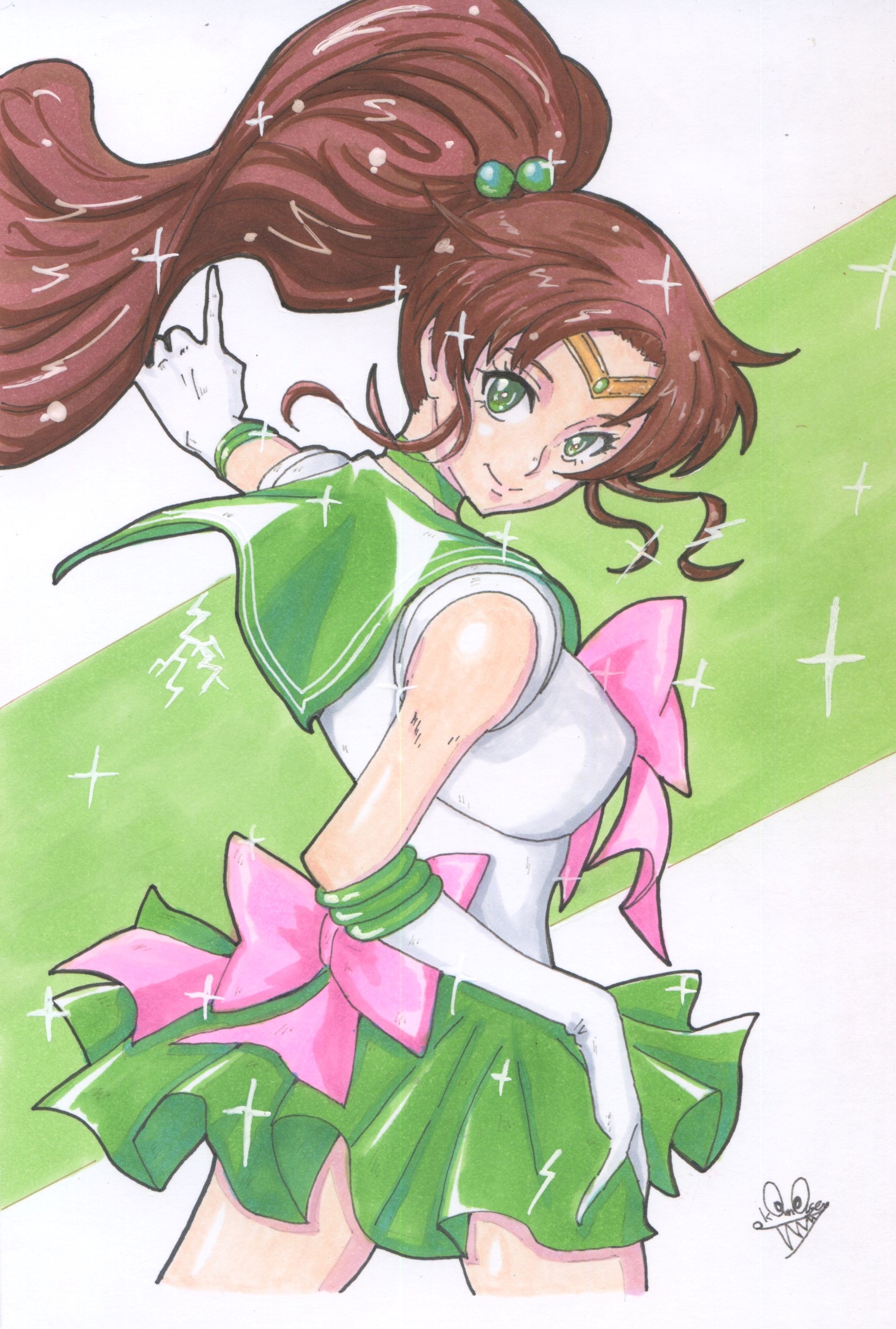 kino makoto, sailor jupiter, bishoujo senshi sailor moon, absurdres, highres, marker (medium), traditional media, 1girl, back bow, bow, bowtie, brown hair, choker, circlet, earrings, elbow gloves, flower earrings, from behind, gloves, green choker, green eyes, green sailor collar, green skirt, hair bobbles, hair ornament, jewelry, jonnygreenwood1011, long hair, magical girl, multiple girls, pink bow, pink bowtie, ponytail, sailor collar, sailor senshi uniform, skirt, smile, white gloves