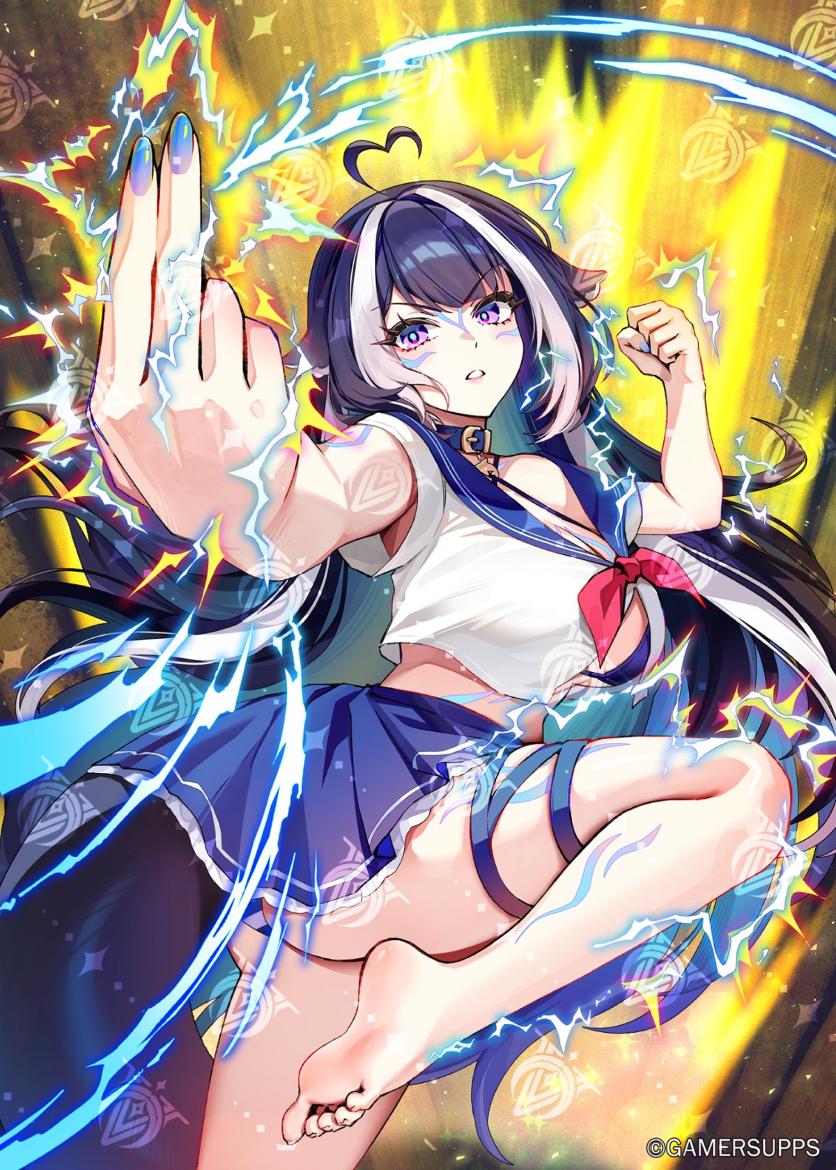 foxyreine, shylily, indie virtual youtuber, highres, 1girl, ahoge, aura, barefoot, black collar, black hair, blue nails, blue skirt, body markings, breasts, cleavage, clenched hand, collar, electricity, facial mark, heart, heart ahoge, large breasts, multicolored hair, shirt, skirt, solo, standing, standing on one leg, two-tone hair, virtual youtuber, white hair, white shirt