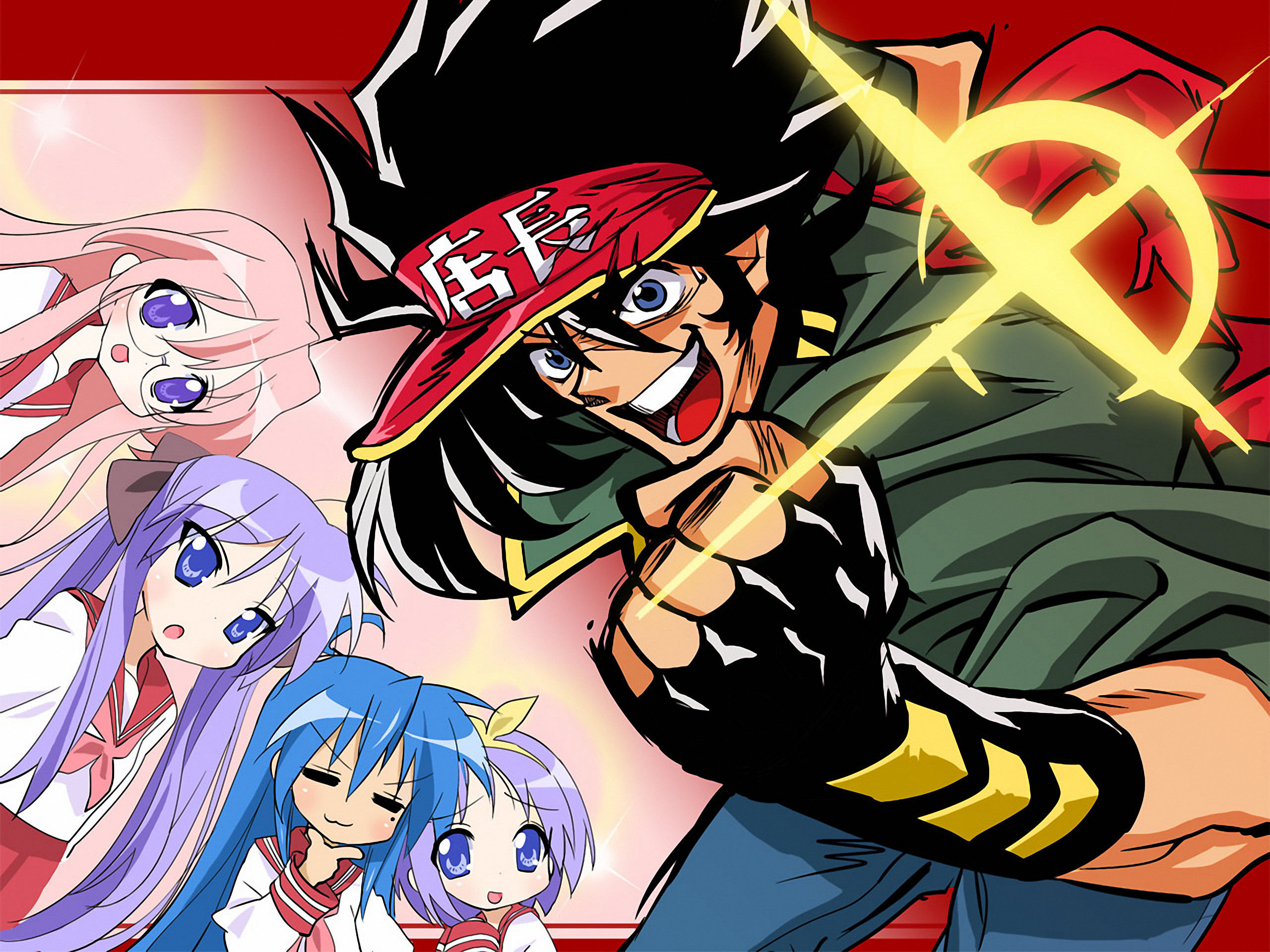 youta, anisawa meito, hiiragi kagami, hiiragi tsukasa, izumi konata, takara miyuki, anime tenchou, lucky star, highres, 00s, 1boy, 4girls, :o, black gloves, clenched hand, crazy eyes, fingerless gloves, gloves, looking at viewer, mole, mole under eye, multiple girls, open mouth, pink hair, purple eyes, sailor collar, school uniform, serafuku, siblings, sisters, sparkle, twins, visor cap, wide-eyed