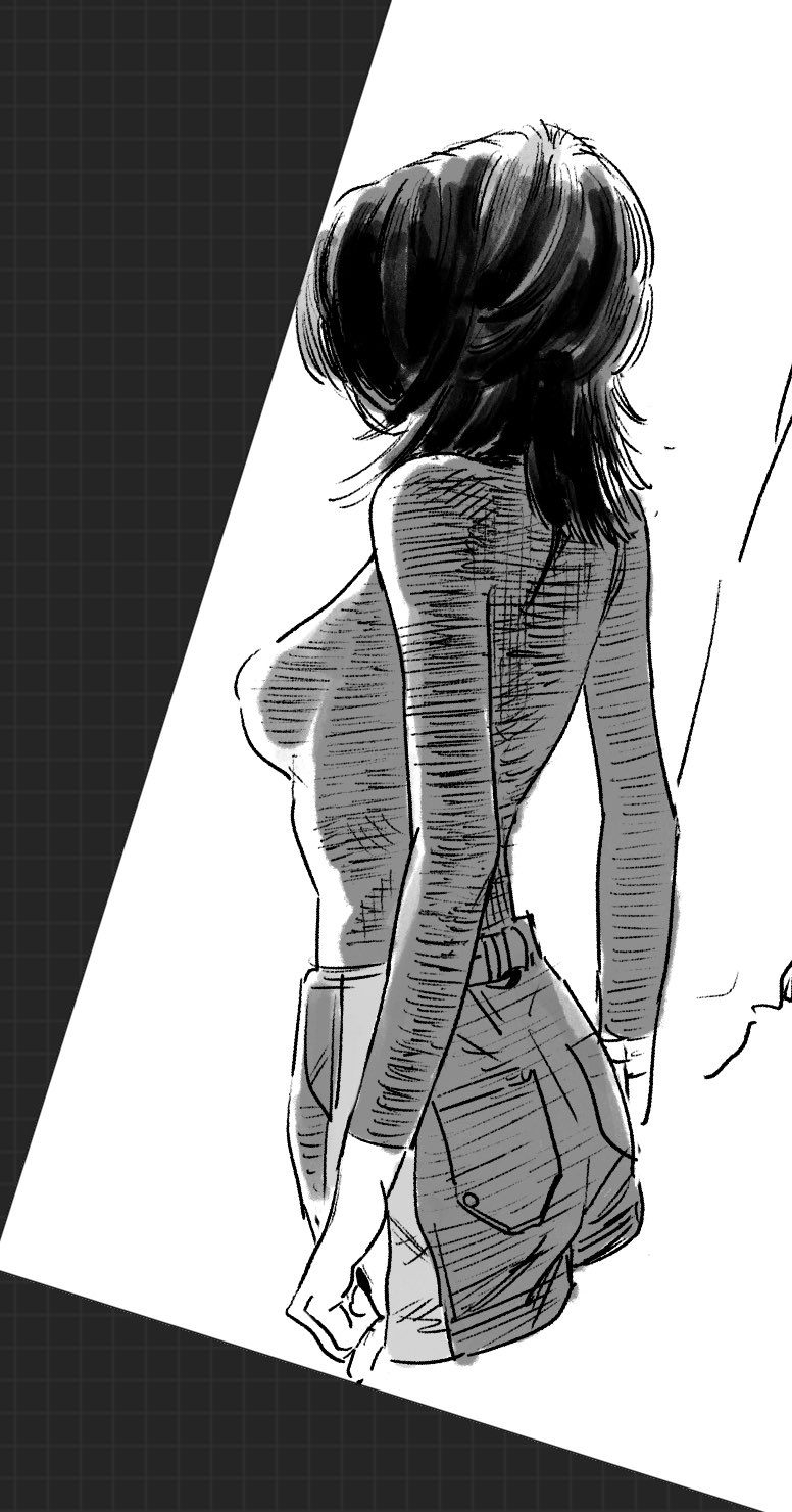 dray (meerkat dray), original, highres, 1girl, ass, back, breasts, cropped legs, facing away, from behind, greyscale, monochrome, pants, solo, standing