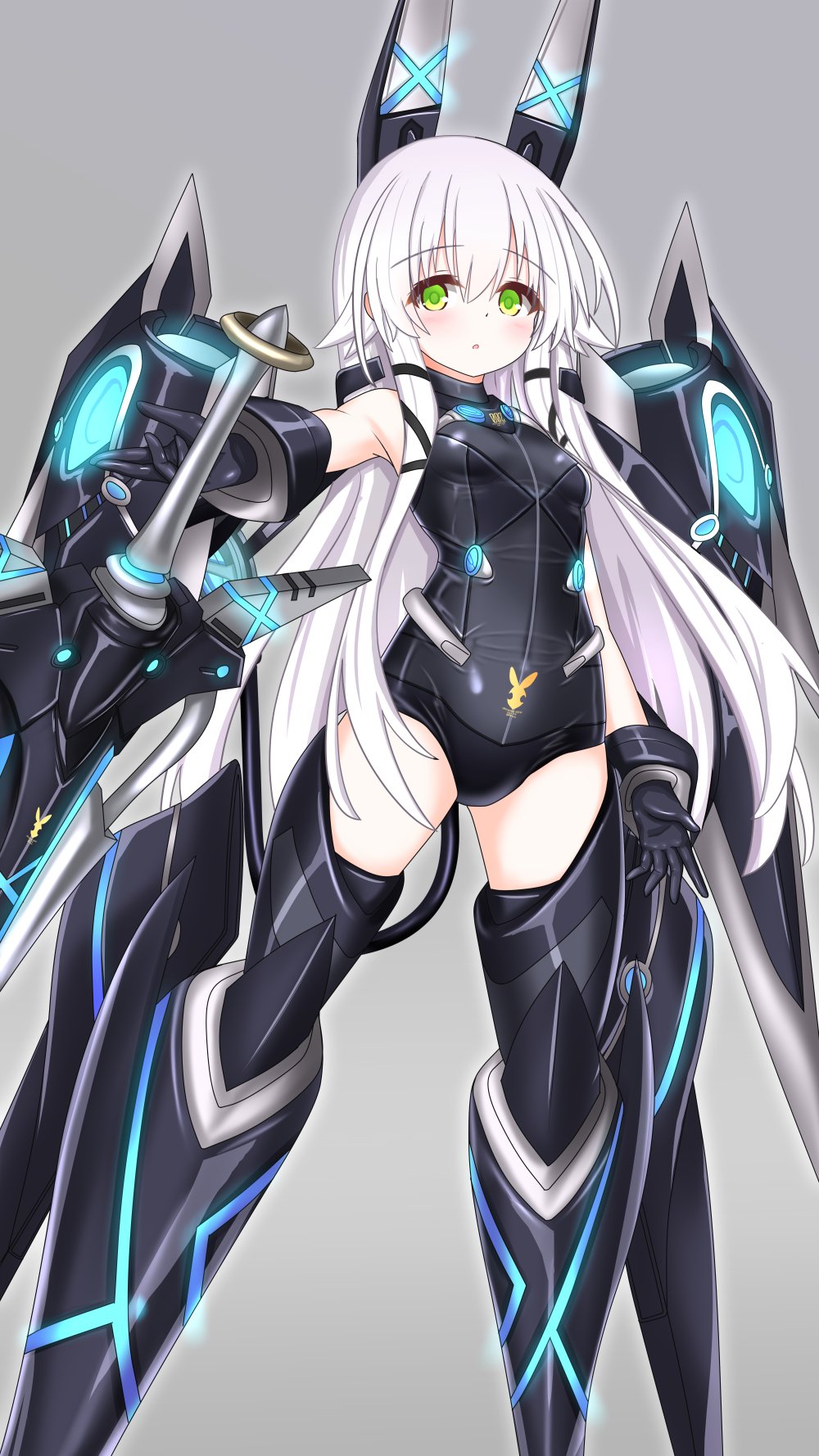 langley1000, altina orion, eiyuu densetsu, highres, 1girl, bare shoulders, blush, breasts, feet out of frame, gloves, green eyes, grey background, holding, holding weapon, leotard, long hair, looking at viewer, mecha musume, petite, simple background, small breasts, solo, standing, straight hair, thighhighs, thighs, very long hair, weapon, white hair