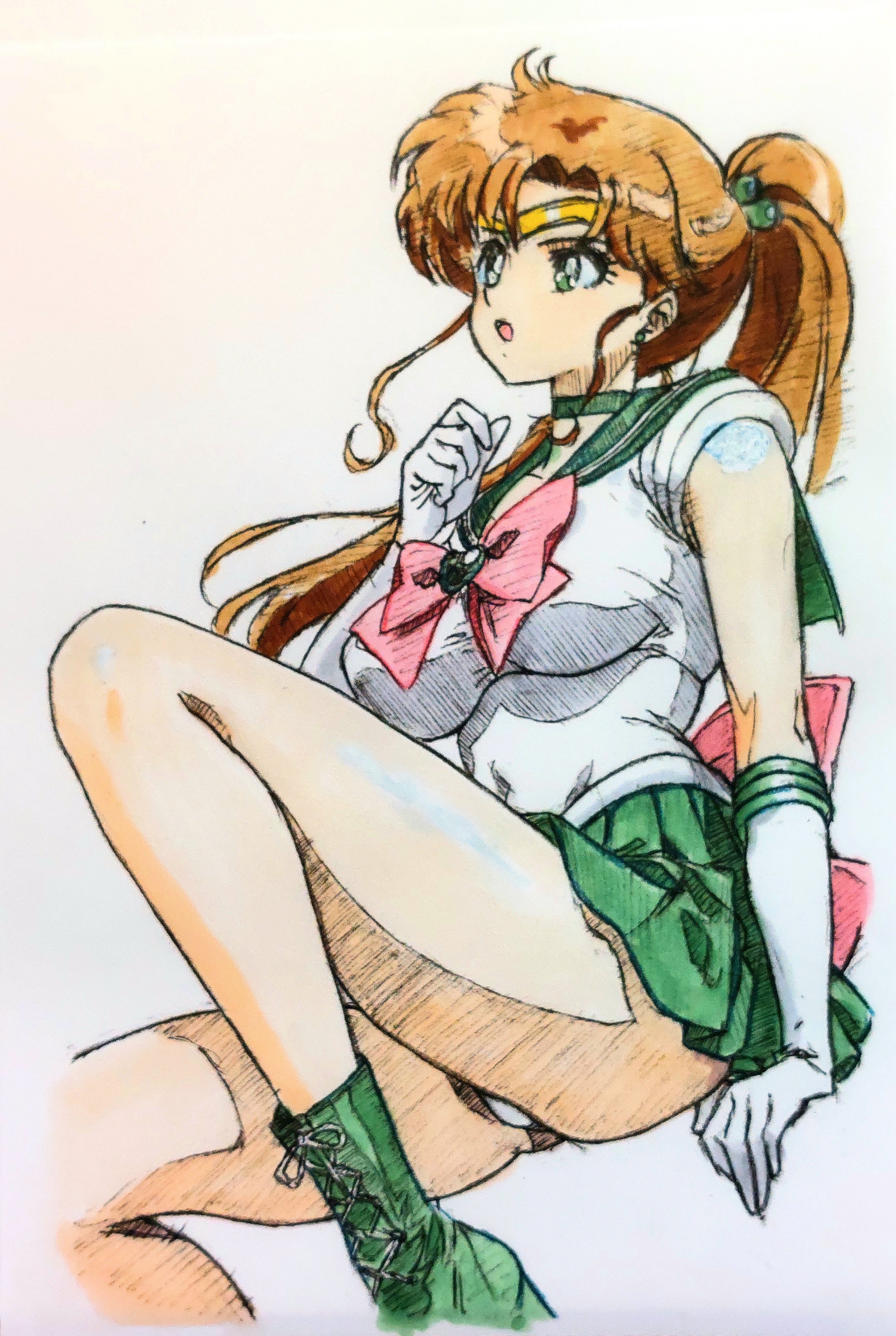 i4teruz, kino makoto, sailor jupiter, bishoujo senshi sailor moon, absurdres, commentary request, highres, 1girl, ass peek, back bow, boots, bow, bowtie, breasts, brown hair, cameltoe, choker, covered navel, elbow gloves, gloves, green boots, green choker, green eyes, green sailor collar, green skirt, hair bobbles, hair ornament, large breasts, long hair, looking up, miniskirt, monochrome, pink bow, pink bowtie, ponytail, sailor collar, sailor senshi uniform, shirt, skirt, solo, white gloves, white shirt
