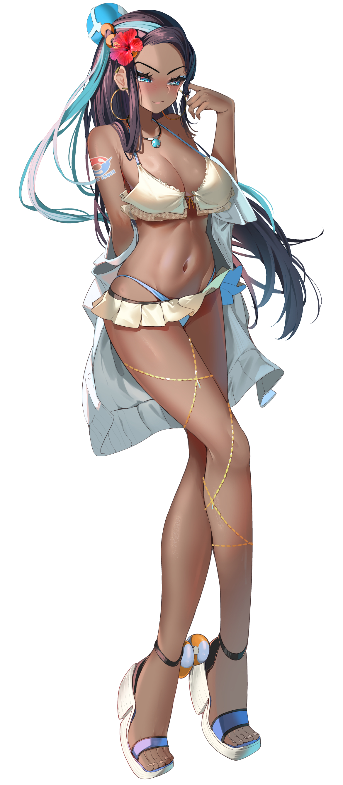momdy (talesshinja), nessa (pokemon), nintendo, pokemon, pokemon swsh, absurdres, commentary request, flower request, highres, 1girl, alternate costume, arm tattoo, bikini, bikini skirt, black hair, blue bikini, blue eyes, blue hair, blush, breasts, cleavage, closed mouth, dark-skinned female, dark skin, earrings, eyelashes, flower, full body, hair flower, hair ornament, hand up, hoop earrings, jewelry, large breasts, light smile, long hair, long legs, mismatched bikini, multicolored hair, navel, red flower, sidelocks, simple background, solo, standing, stomach, streaked hair, swimsuit, tattoo, white background, white bikini