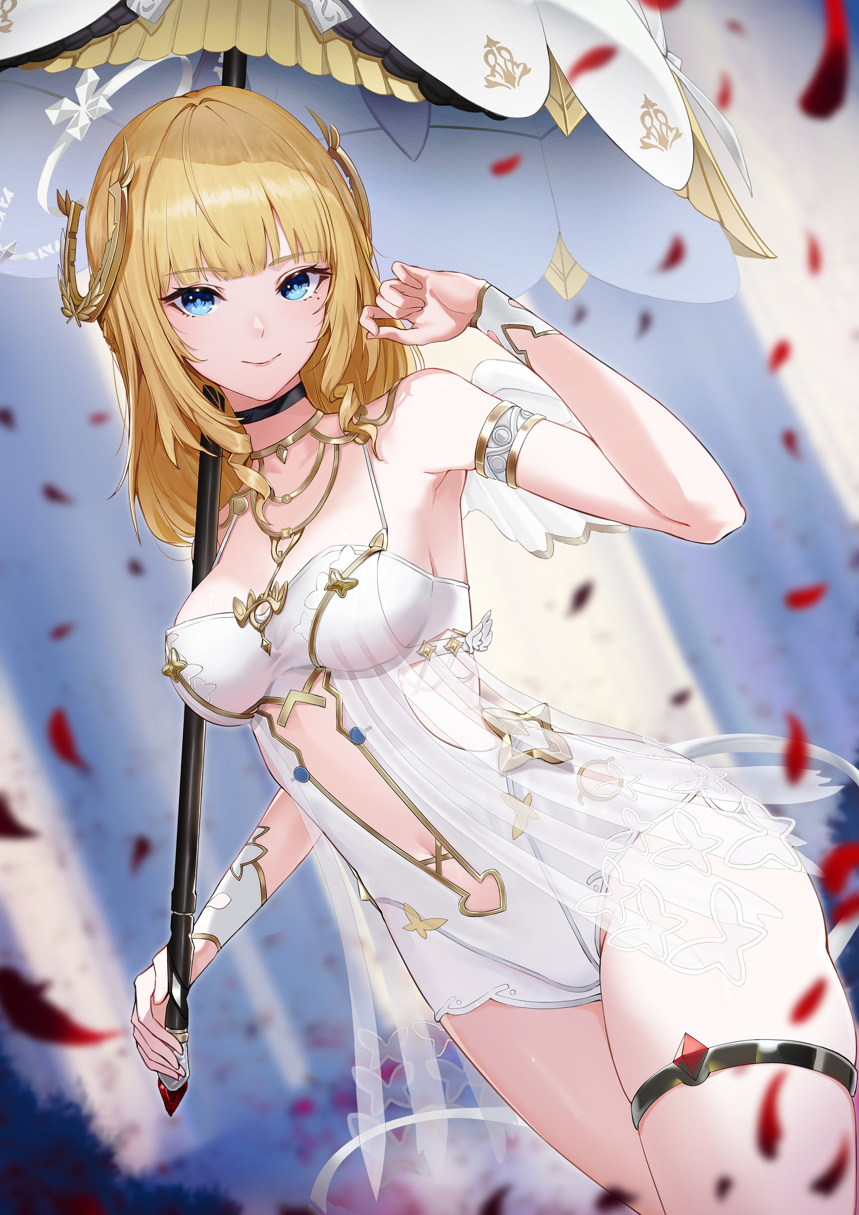 marumoru, snowbreak: containment zone, absurdres, highres, 1girl, armlet, bare shoulders, black choker, blonde hair, blue eyes, blurry, blurry background, blurry foreground, breasts, center opening, choker, clarina genoura, clothing cutout, depth of field, floating headgear, guest art, headgear, holding, holding umbrella, jewelry, leotard, looking at viewer, medium breasts, medium hair, navel, petals, red petals, solo, thighlet, umbrella, white leotard, white umbrella