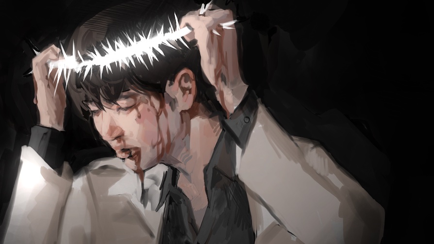 kim dokja, omniscient reader's viewpoint, 1boy, adjusting clothes, adjusting headwear, black hair, black shirt, blood, blood from forehead, blood on clothes, blood on face, blood on hands, closed eyes, coat, collared shirt, crown of thorns, expressionless, glowing, impaled, macaronijail, male focus, popped collar, shirt, short hair, solo, upper body, white coat