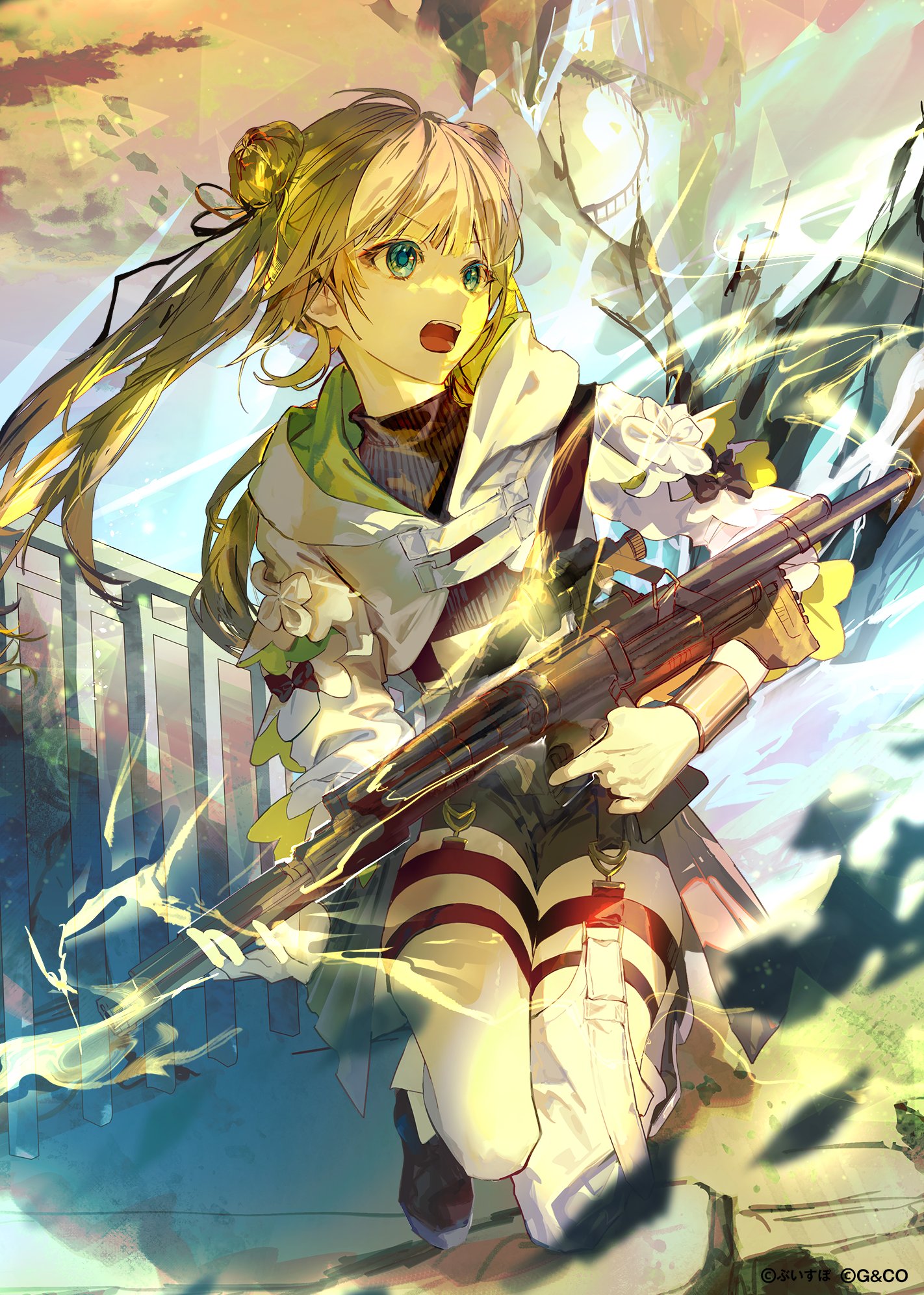 karanagare, hanabusa lisa, vspo!, highres, official art, 1girl, black shoes, black sweater, blue eyes, brown hair, brown shorts, cropped jacket, cropped sweater, double bun, garter straps, gun, hair bun, holding, holding gun, holding weapon, jacket, long hair, long sleeves, midriff, open mouth, shoes, shorts, single thighhigh, solo, sweater, thigh strap, thighhighs, twintails, virtual youtuber, weapon, white jacket, white thighhighs