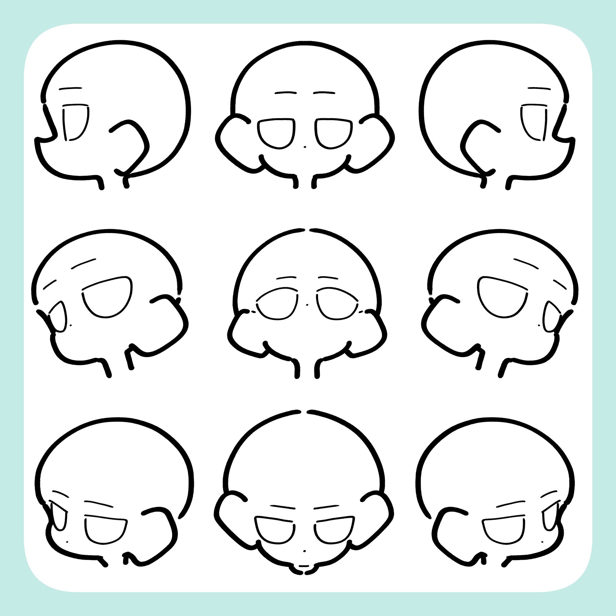 mugi com2, original, highres, :d, blush, greyscale, guide, how to, looking at viewer, monochrome, multiple views, open mouth, smile, striped background