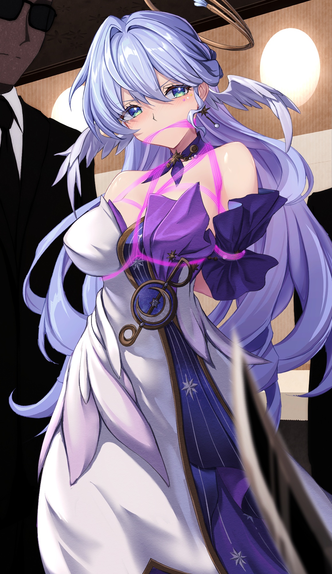 teru cats, robin (honkai: star rail), honkai: star rail, honkai (series), highres, 1girl, arms behind back, bare shoulders, bdsm, black necktie, blush, bondage, bound, breasts, cleave gag, cloth gag, collar, crescent, dress, earrings, feathered wings, feathers, frown, gag, gagged, green eyes, halo, head wings, holding, holding knife, improvised gag, indoors, jewelry, knife, large breasts, long hair, looking to the side, necktie, pink rope, purple dress, purple eyes, rope, shibari, shibari over clothes, solo, star ornament, very long hair, white dress, wings